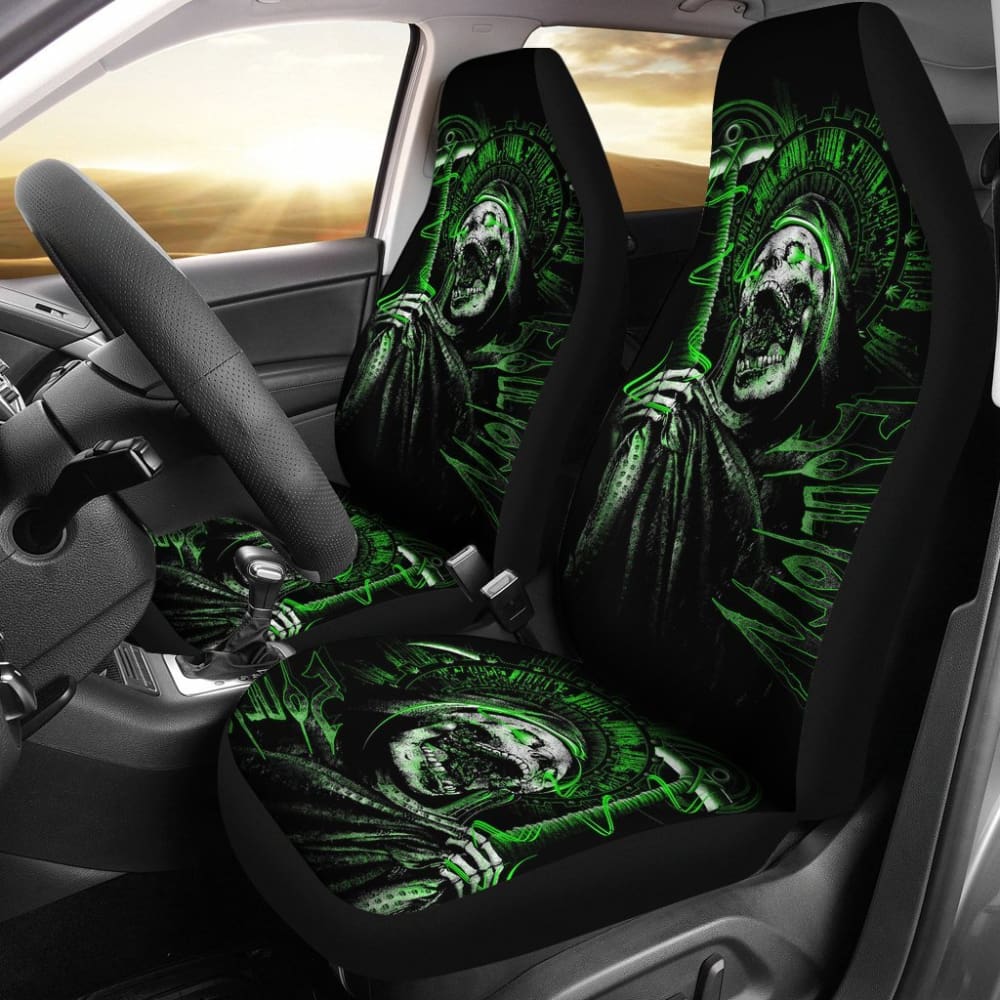 2 Pcs Gothic Green Skull Car Seat Covers - Universal Fit for Cars, Trucks & SUVs - Unique Halloween & Horror Decor Accessories for Car Interior Customization