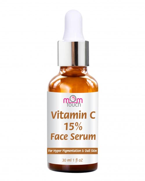 Mom Touch 15% Vitamin C Face Serum with Green Tea & 1% Caffeine - Brightening Serum for Dark Spots & Pigmentation - Skin Revitalizer for Dull Complexion - Sun Damage Protection - 30ml for Men & Women - Perfect for Daily Skincare Routine & Travel