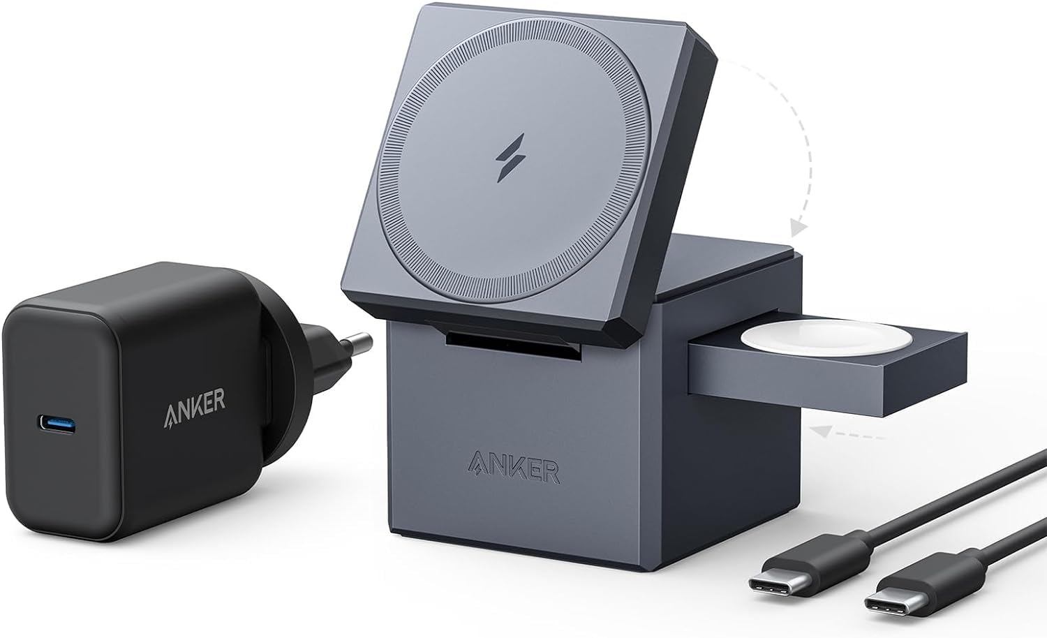 Anker 3-in-1 Magnetic Wireless Charging Station with MagSafe - 15W Fast Charger for iPhone 14/13/12, Apple Watch Series 1-7/SE & AirPods Pro/3/2 - Includes 30W Adapter | Perfect for Home, Office & Travel Charging Needs