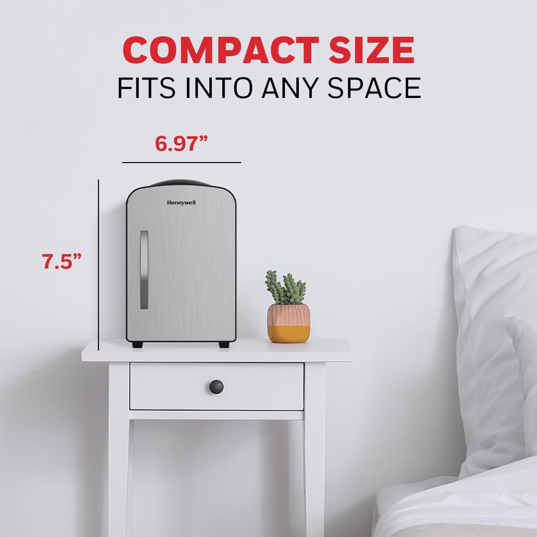 Honeywell 4L Mini Personal Fridge - Portable Cooler & Warmer for Skincare, Drinks, Snacks - Compact Storage Holds 6 Cans (12oz) - Perfect for Bedroom, Office, Dorm & Travel Use
