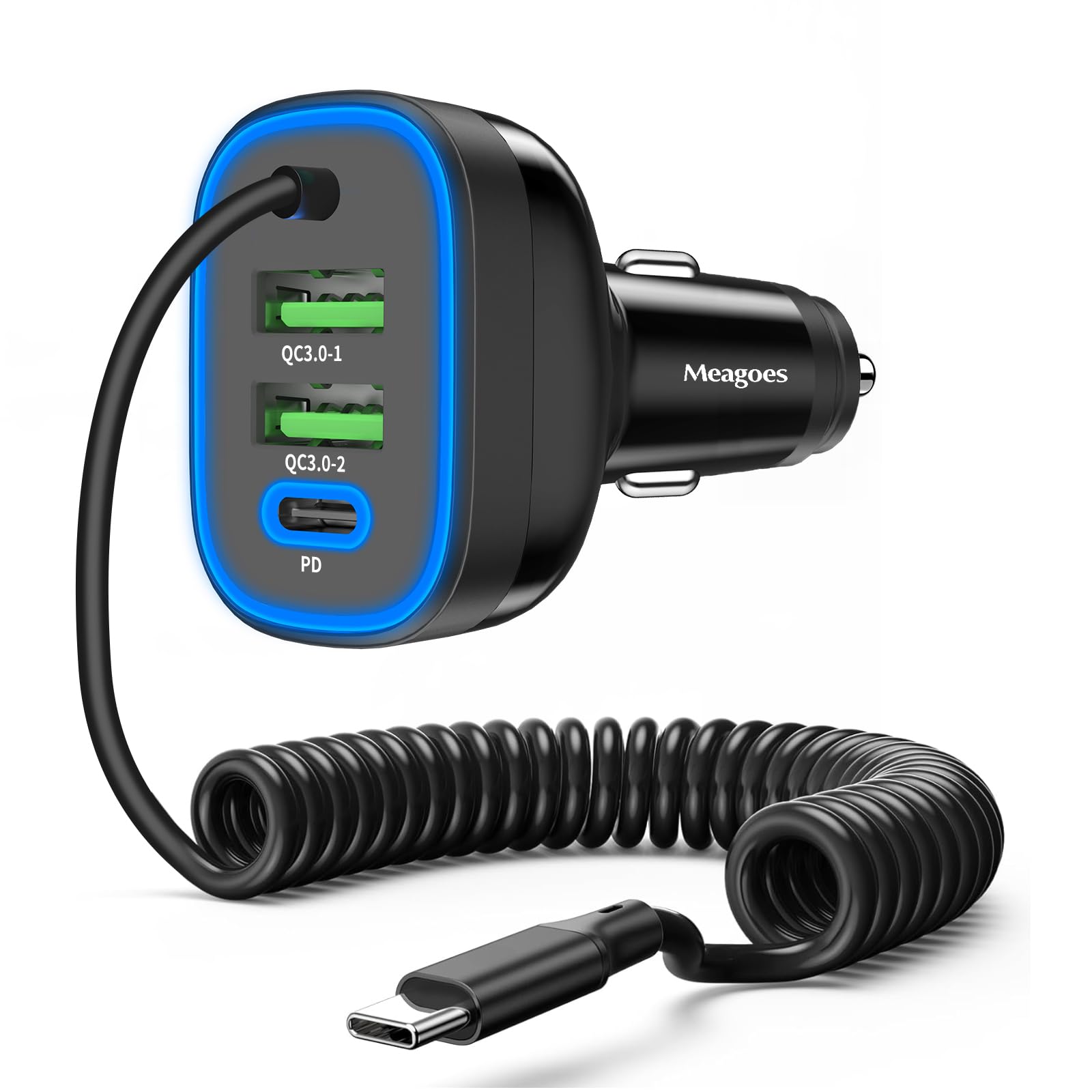 72W 4-Port USB C Fast Car Charger with 5ft Coiled Cable - Compatible with iPhone 16/15 Pro Max/Plus, iPad Pro, Samsung Galaxy S25/S24/S23/S22/S21, Pixel 9 Pro - Super Fast Charging for Phones & Tablets on Road Trips & Commutes