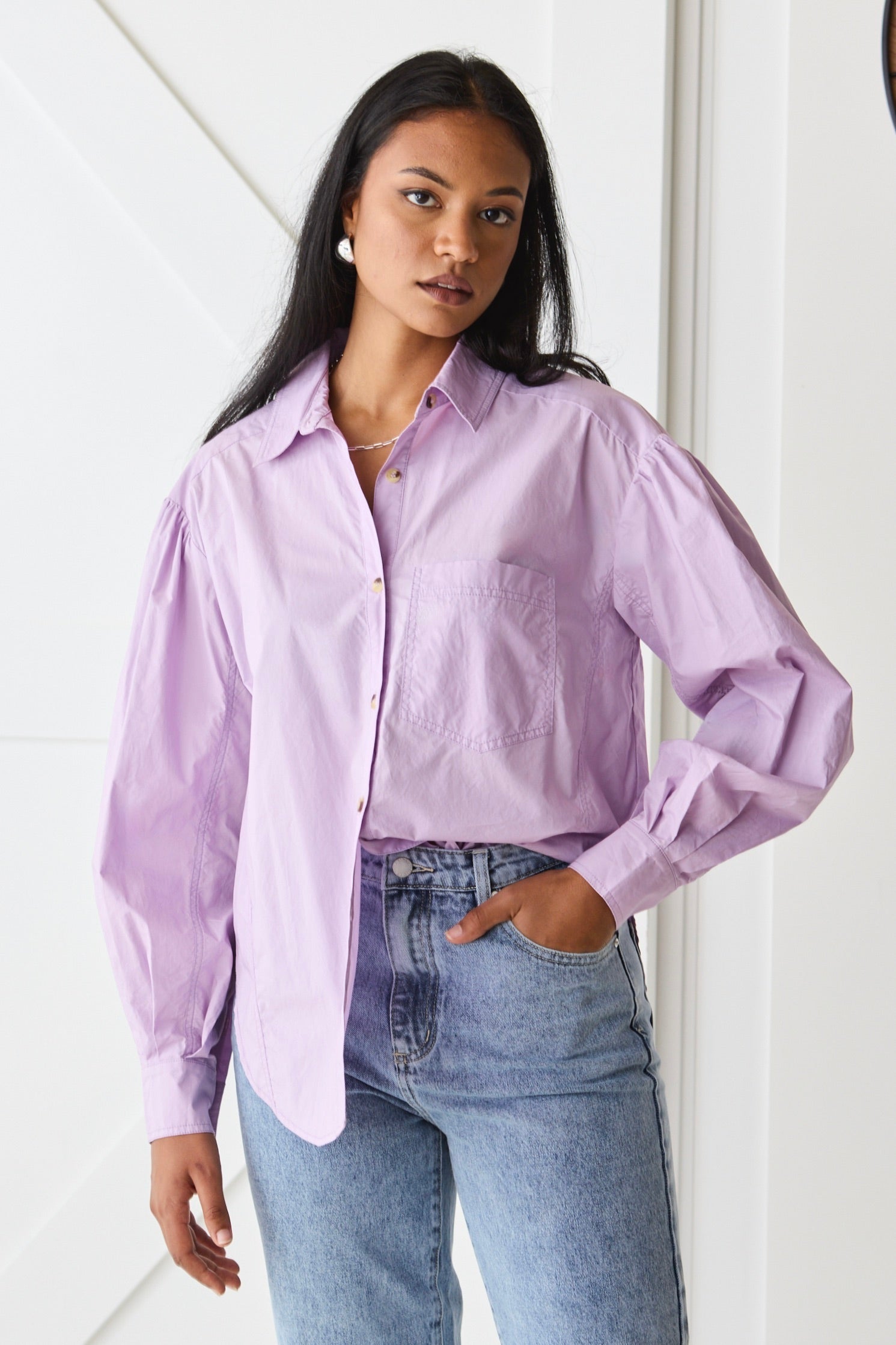 Breezy Lilac Poplin Drop Shoulder Long Sleeve Shirt for Women - Casual Loose Fit Blouse for Spring & Summer Outfits
