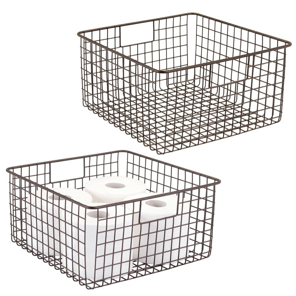 Farmhouse Metal Wire Bathroom Organizer Storage Bins - 2 Pack Bronze - Cabinet, Shelf & Closet Organizer for Bathroom, Bedroom & Vanity Countertop Decor - Rustic Home Storage Basket for Towels, Toiletries & Cosmetics