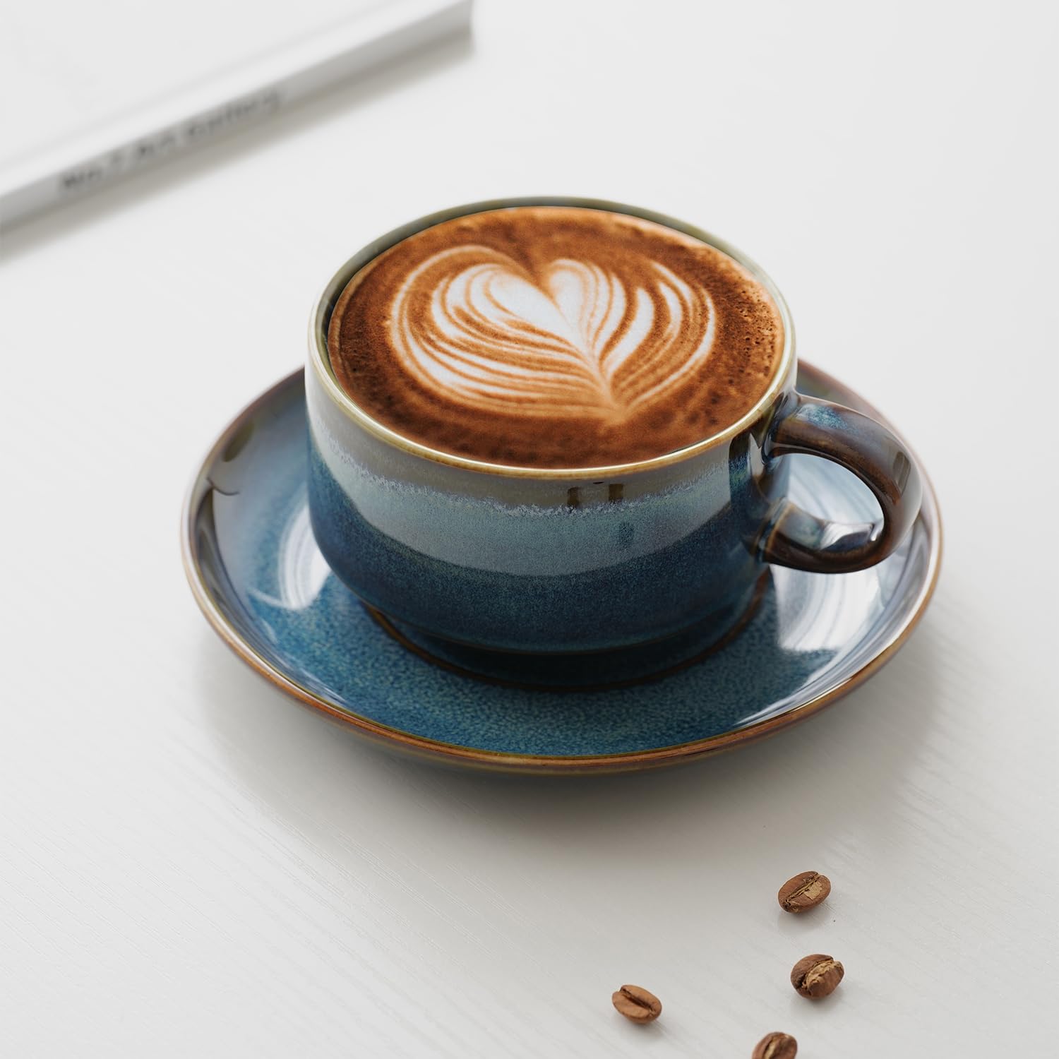 Premium 10oz Ceramic Cappuccino Cups with Saucers - Set of 2, Dishwasher & Microwave Safe - Perfect for Latte, Au Lait, Tea & Mocha - Reactive Blue Glaze - Ideal for Coffee Shops, Home Use & Gifts