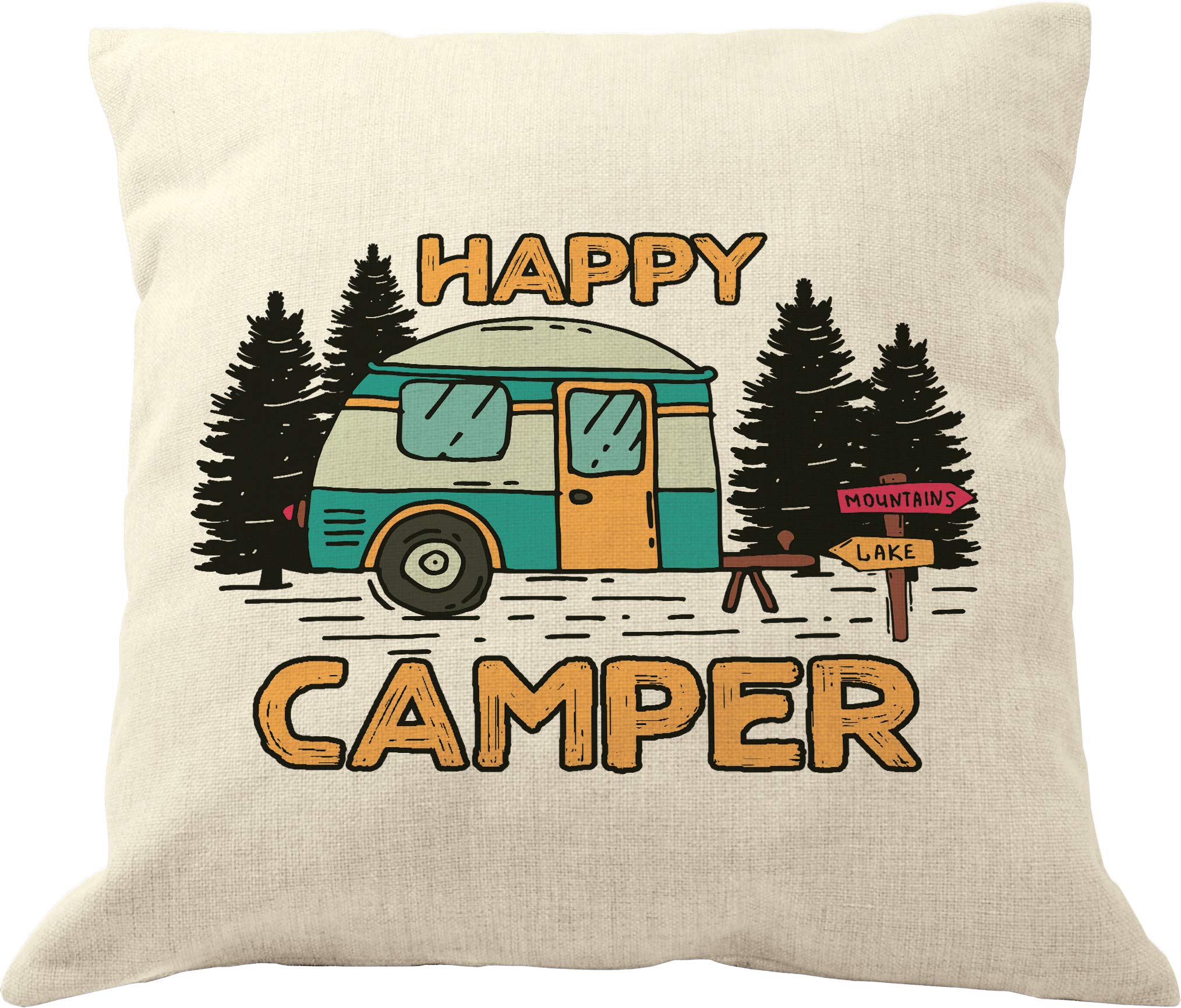Happy Camper Pillow Cover 18x18 Inches - Soft Decorative Camping Pillow for Travel Trailers, RVs & Outdoor Adventures - Perfect for Camping Trips, Road Trips & Cozy Cabin Decor