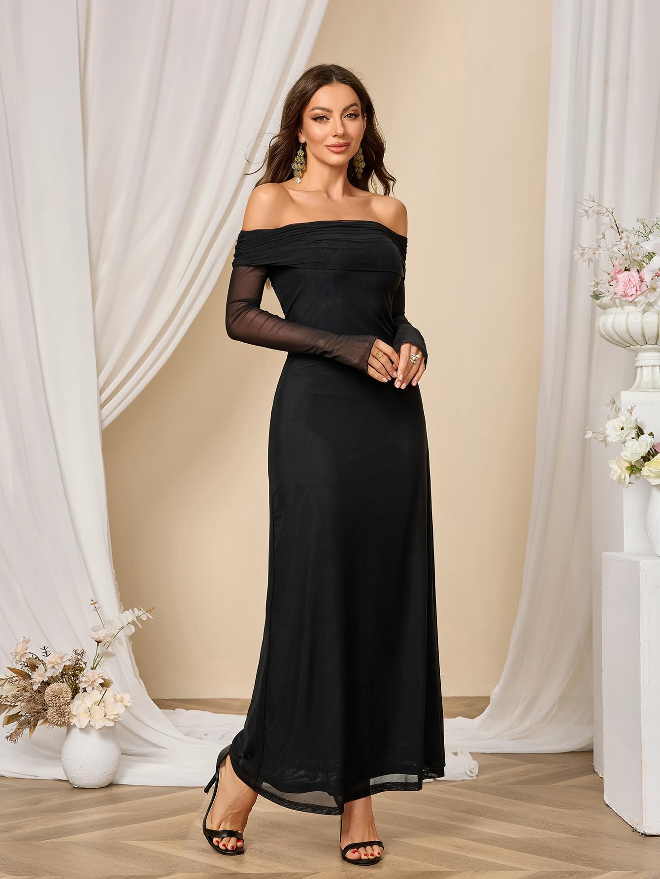 Colysmo Women's Long Sleeve Mesh Off Shoulder Bodycon Maxi Dress - Elegant Formal Wedding Guest & Party Gown for Evening Events, Prom, Cocktail Dinners