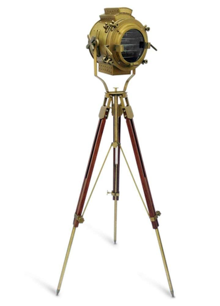 Vintage Brass Nautical Spotlight Searchlight with Wooden Tripod Stand - Antique Finish Floor Lamp for Home Decor, Rustic Living Room Lighting, Perfect Gift for Maritime Enthusiasts & Vintage Lovers