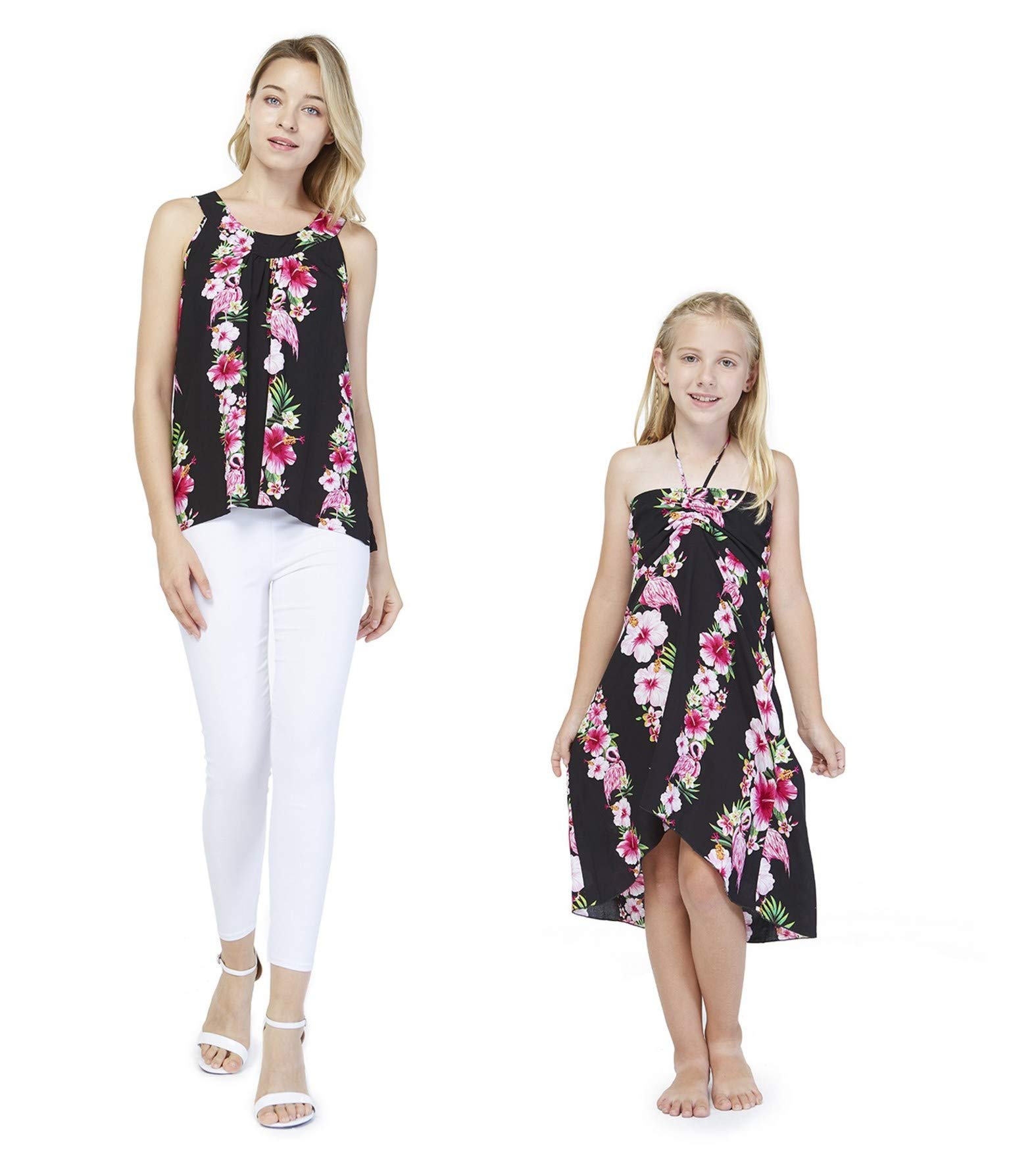 Hawaiian Luau Matching Mother Daughter Outfits - Pink Hibiscus Vine Tank Top & Halter Dress Set for Beach Party, Summer Vacation, and Family Photos
