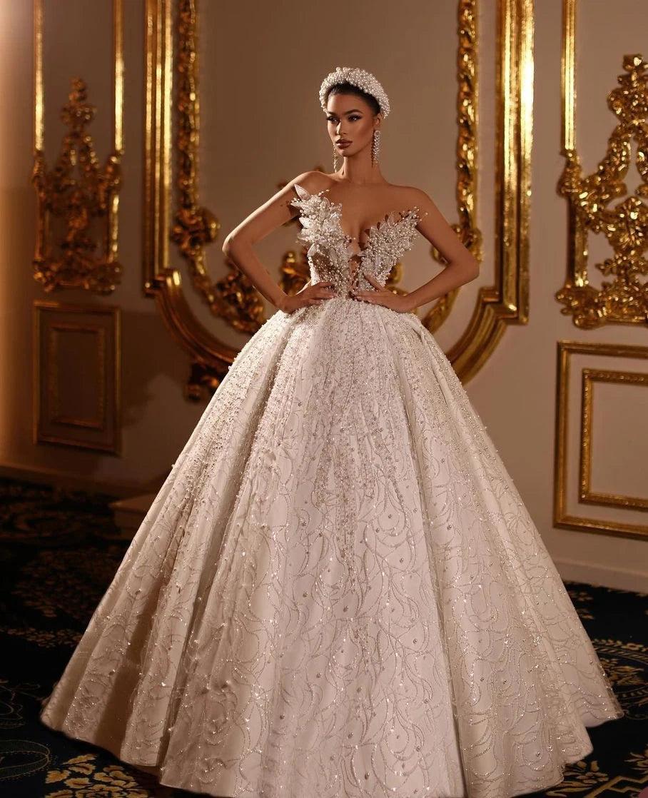 Elegant Pearl Beaded Lace Wedding Dress - Custom V Neck Bridal Gown for Romantic Ceremonies & Beach Weddings