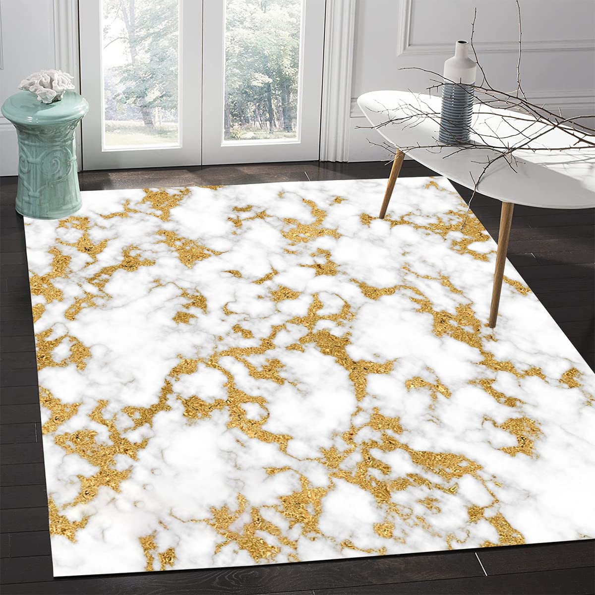 Modern Abstract Boho Chic Area Rug 5x7 ft - Gold White Marble Pattern Lux Carpet for Living Room, Bedroom, Dining Room & Office - Perfect Under Coffee Table, Art Deco Floor Decor for Indoor Spaces