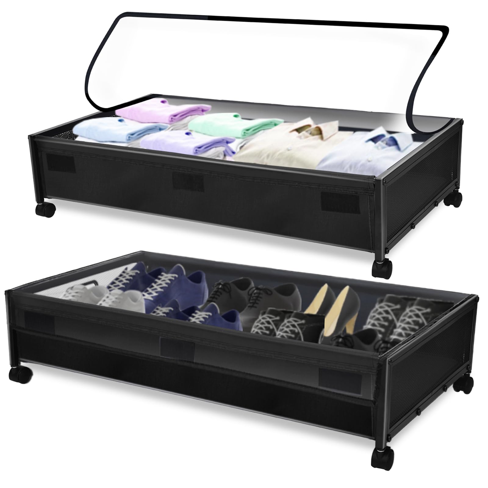 2 Pack Under Bed Storage Bins with Wheels & Clear PVC Lids - Rolling Metal Drawer Organizer for Clothes, Shoes, Books, Toys & Blankets - Perfect for Bedroom, Closet, Dorm & Small Space Organization