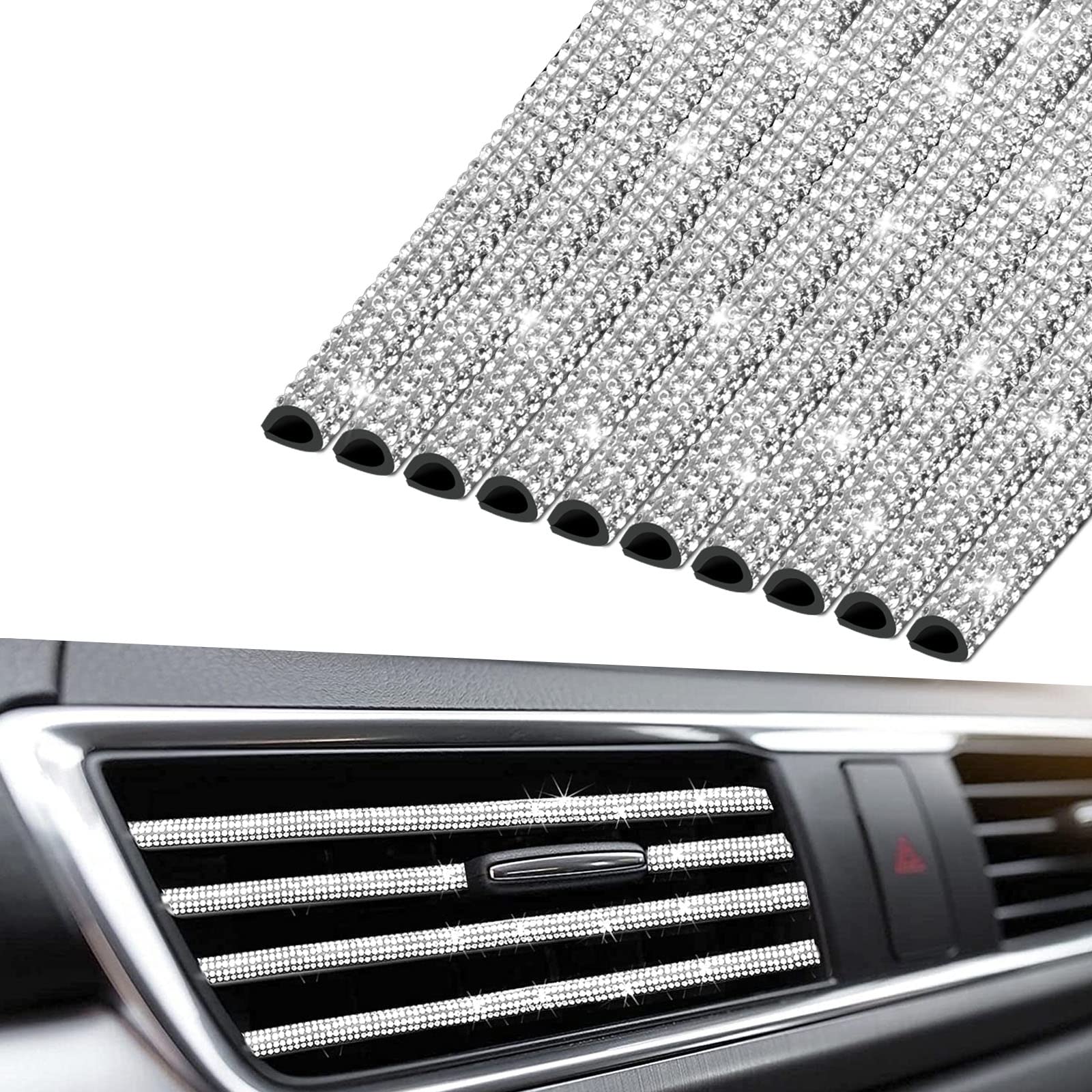 INSAUTO 10Pcs Rhinestone Car Air Conditioner Vent Decoration Strips - Bling Car Vent Outlet Trim Accessories for Women & Girls (White) | Perfect for Customizing Your Vehicle Interior & Adding Glam Style
