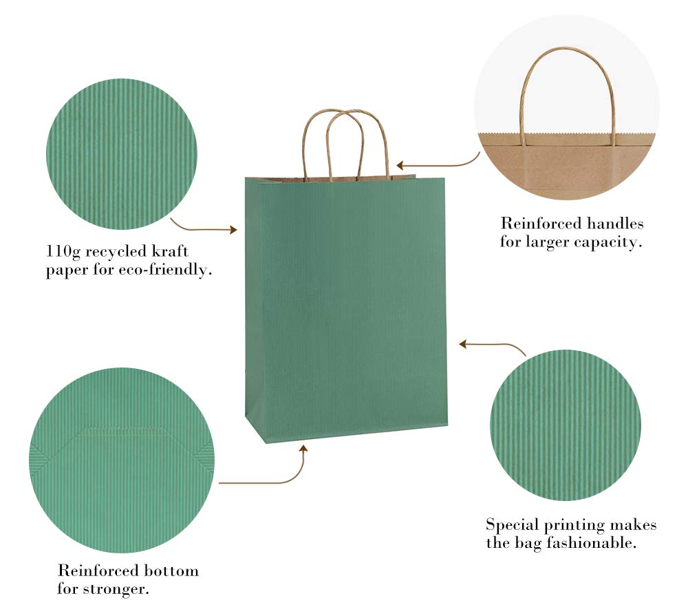 Eco-Friendly 25-Pack 10x5x13 Inch Green Striped Kraft Paper Shopping Bags with Handles - 100% Recycled Retail Merchandise Bags for Parties, Gifts, Boutique & Grocery Stores | Sustainable Packaging Solution