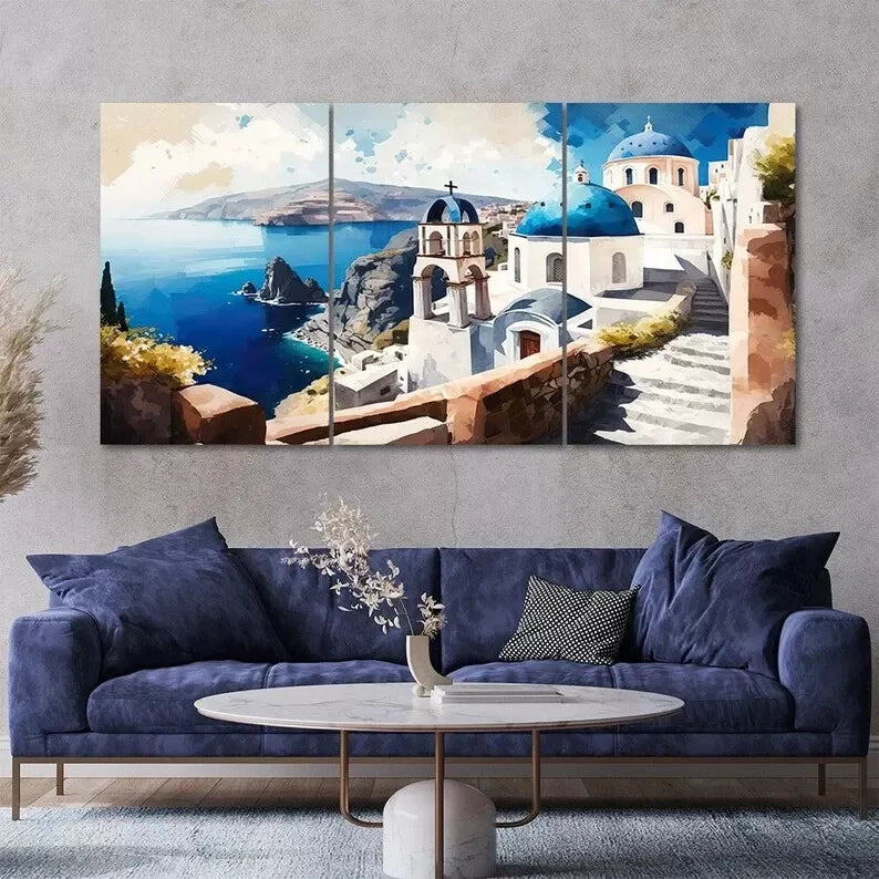 Santorini Island Painting Style Canvas Wall Art - 3 Piece Set, 40x60cm Framed Prints, High Quality Australian Made, Ready to Hang - Perfect for Living Room, Bedroom & Office Decor