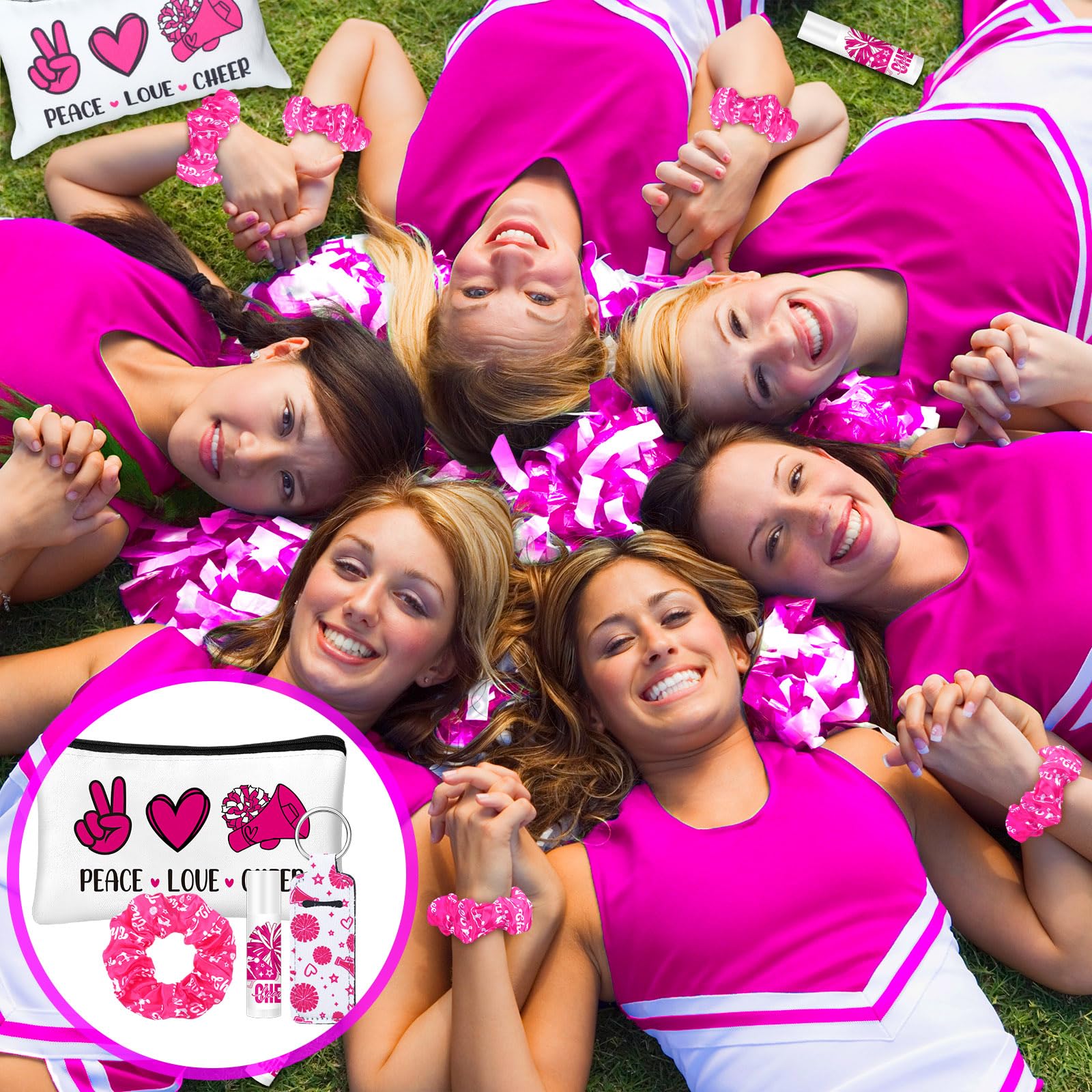 48 Pcs Sports Team Gift Set - 12 Makeup Bags, 12 Hair Scrunchies, 12 Lip Balms & 12 Lip Balm Holders - Perfect for Cheerleaders, Ball Players & Team Accessories - Great for Game Days, Team Events & Sports Gifts