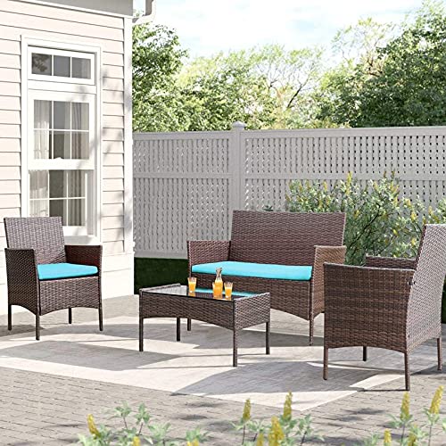 4-Piece Outdoor Patio Furniture Set - Rattan Wicker Conversation Set with Glass Coffee Table for Patio, Porch, Garden or Deck - Perfect for Relaxing, Entertaining and Outdoor Gatherings