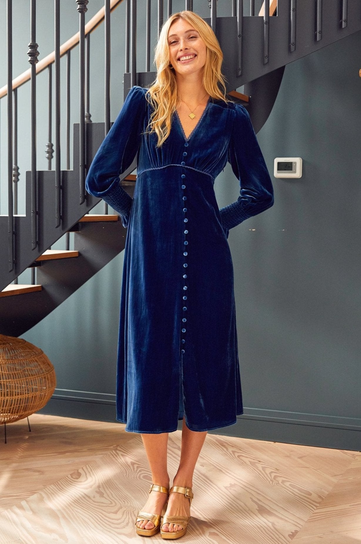 Long Sleeve Velvet Sally Anne Dress in Blue Sapphire | Elegant Winter Party Dress for Women | Perfect for Holiday Gatherings & Formal Events