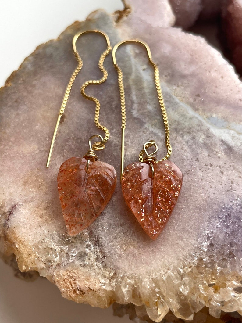 Orange Sunstone Gold Filled Statement Crystal Gemstone Threader Earrings for Women - Elegant Boho Chic Jewelry for Party, Wedding & Everyday Wear