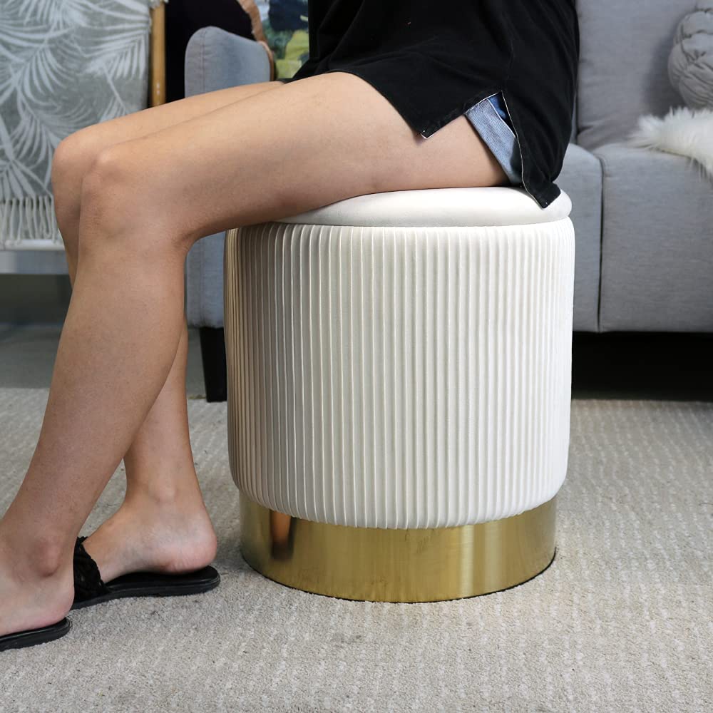Round Velvet Storage Ottoman Set of 2 - White Upholstered Footrest Pouf with Hidden Storage for Living Room, Bedroom & Dorm - Perfect for Extra Seating, Footrest & Home Organization