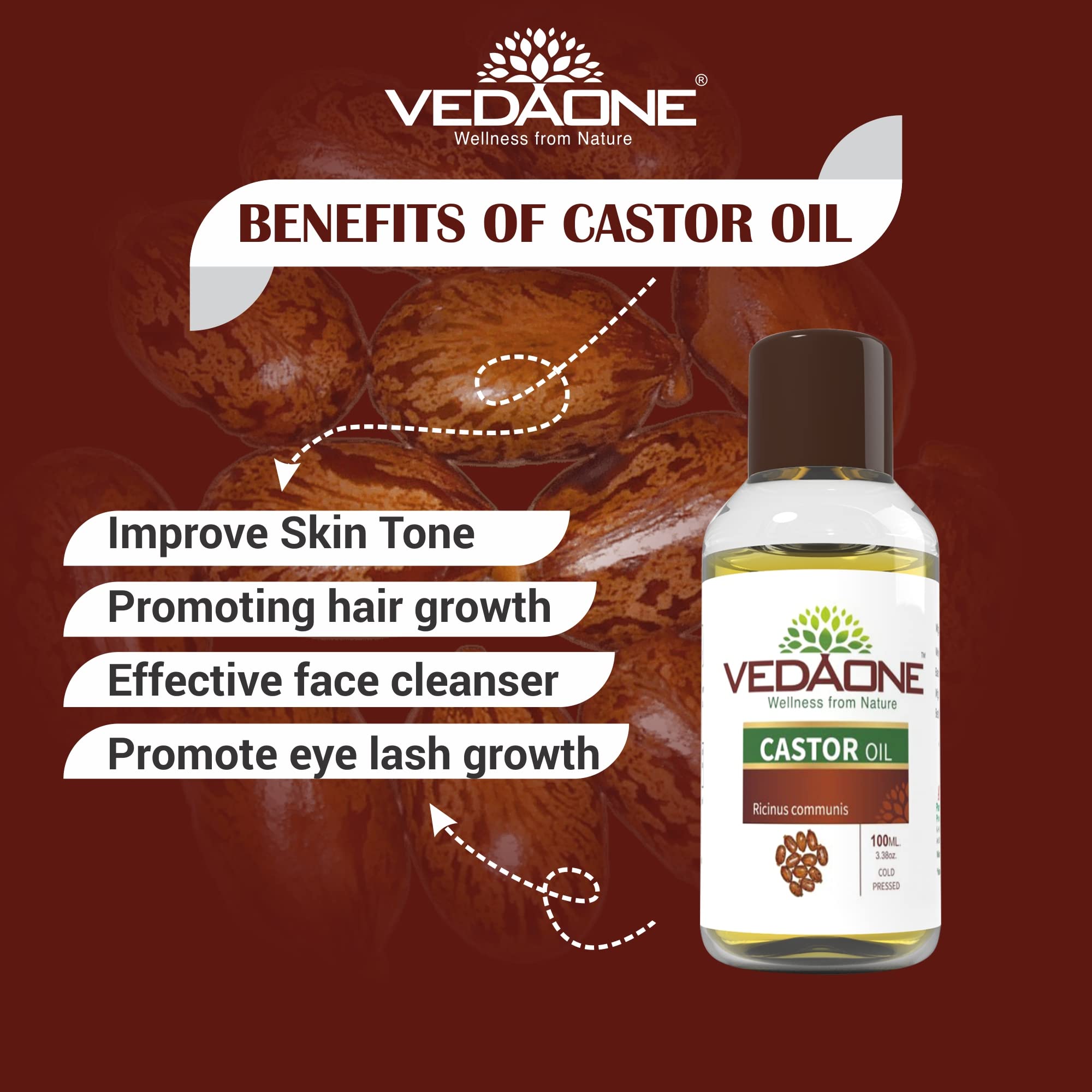 Vedaone 100% Pure Natural Cold Pressed Castor Oil 100ml (Pack of 2) - Organic Hair Growth Treatment & Skin Care Solution for Eyelashes, Eyebrows & Dry Skin | Perfect for DIY Beauty & Massage Therapy