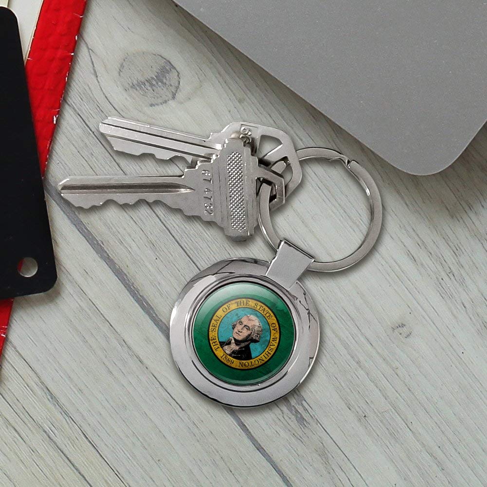 Vintage Distressed Washington State Flag Keychain - Rustic USA Round Metal Key Ring, Chrome Plated for Car Keys, Backpacks & Travel Accessories