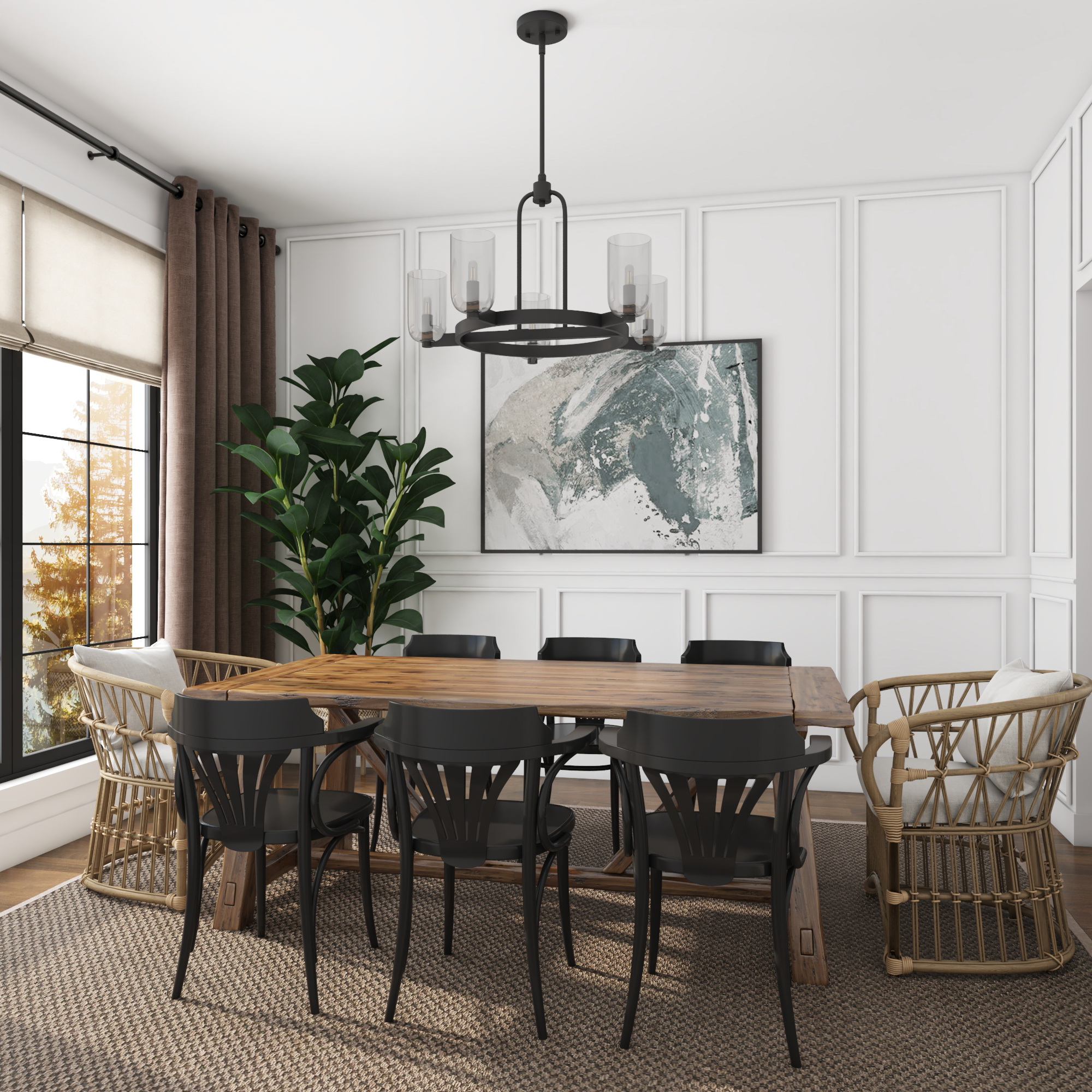 5-Light Hansley Chandelier in Matte Black with Clear Glass Shades - Perfect for Dining Room, Living Room, and Bedroom Lighting