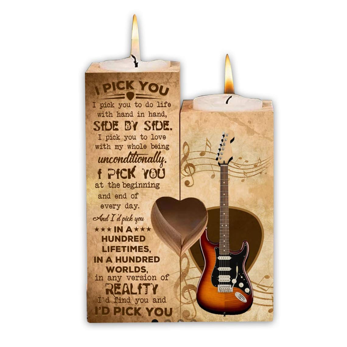 SWEETSHOPZ Romantic 'I Pick You' Guitar-Shaped Wooden Candle Holder - Perfect Gift for Women, Girlfriends, Birthday, Anniversary & Home Decor (Brown)