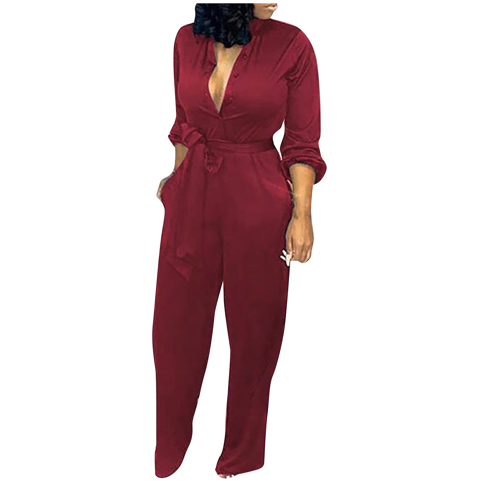 Women's Long Sleeve Wide Leg Jumpsuit with Belt - Solid Color Fall Outfit for Work, Date Night & Casual Wear