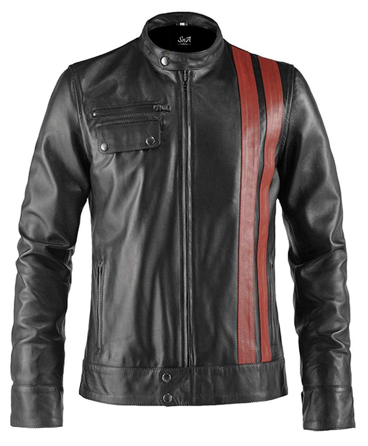 SNA Collection Black Faux Leather Jacket with Red Stripes - PU Leather Motorcycle Jacket for Women | Stylish Biker Jacket for Casual Wear, Night Out & Fashion Outfits