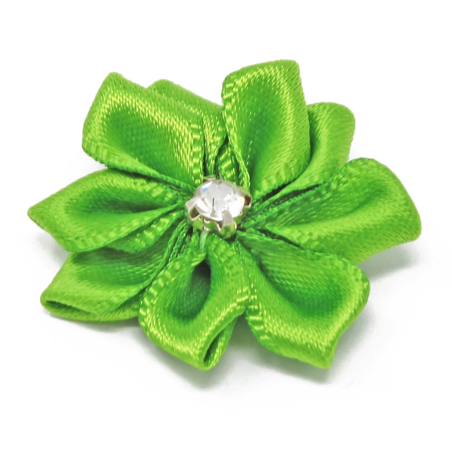 25mm Green Satin Ribbon Flowers with Rhinestone Center - Pack of 25 DIY Craft Flowers for Wedding Decorations, Gift Wrapping, Hair Accessories & Scrapbooking