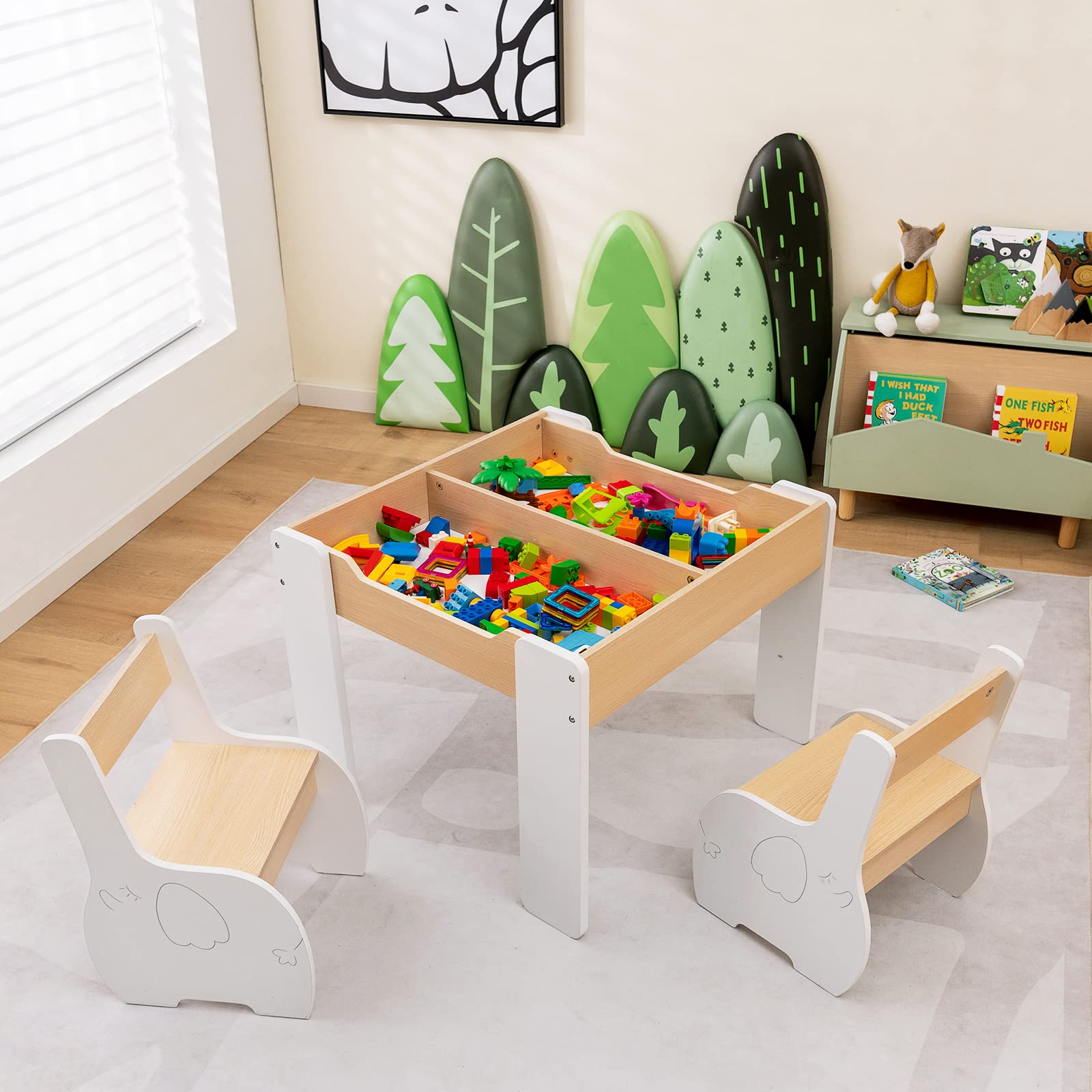 HONEY JOY 4-in-1 Kids Wooden Table and Chair Set with Storage - 2 Chairs, Reversible Blackboard & Activity Table for Art, Crafts, Learning - Toddler Furniture Gift for Boys & Girls (White) - Perfect for Playrooms, Preschools & Home Learning Spaces