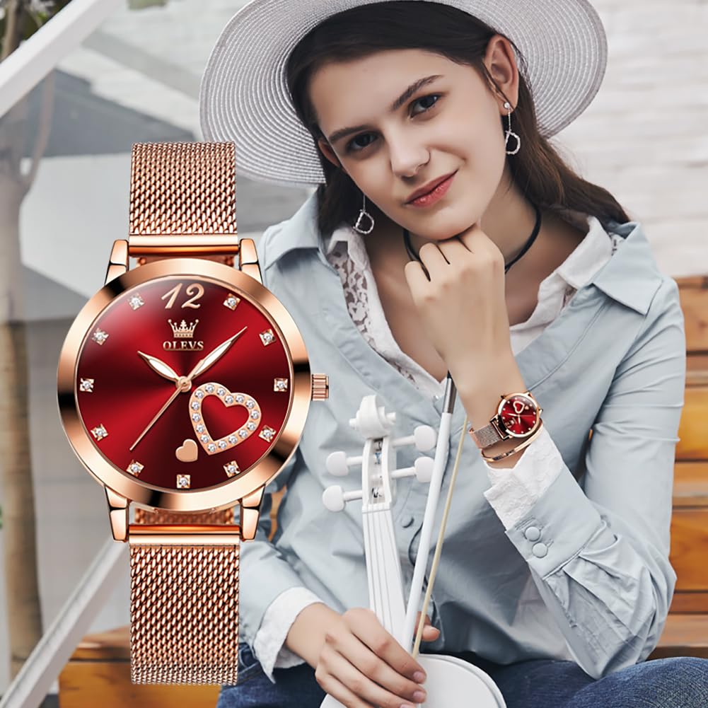 OLEVS Women's Rose Gold Minimalist Watch & Bracelet Set - Slim Analog Quartz Wristwatch for Ladies, Waterproof Two-Tone Dress Watch for Everyday Wear, Office & Special Occasions