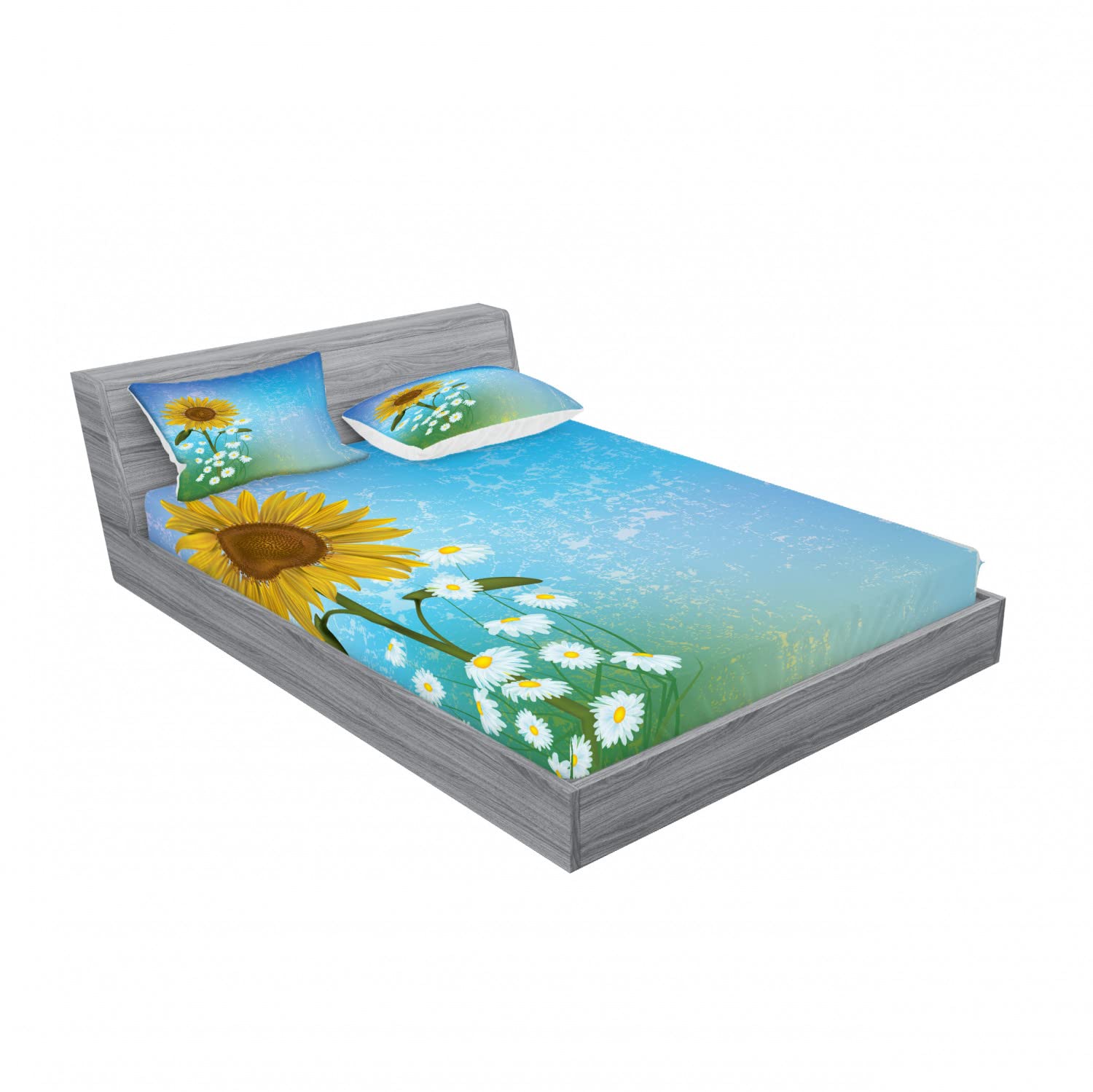 Ambesonne 2-Piece Queen Size Fitted Sheet Set with 4 Pillow Shams - Sunflower Chamomile Floral Pattern in Soft Pastel Blue, Yellow & Green - Luxury Bedding Decor for Master Bedroom, Guest Room & Dorm