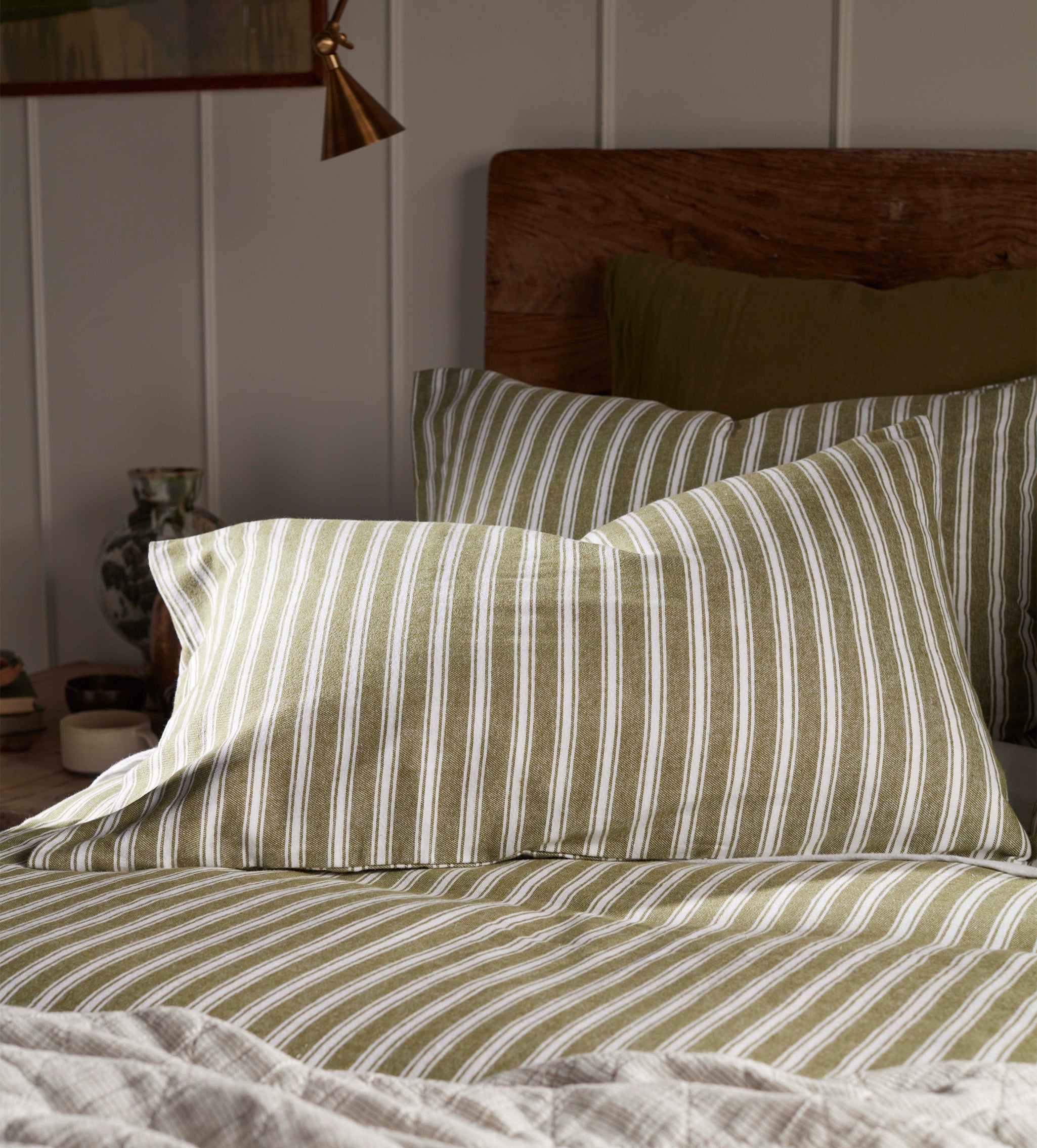 Olive Green Fred Stripe Brushed 100% Organic Cotton Pillowcase - Soft & Hypoallergenic Bedding for a Comfortable Sleep - Perfect for Home, Hotel, and Travel Use