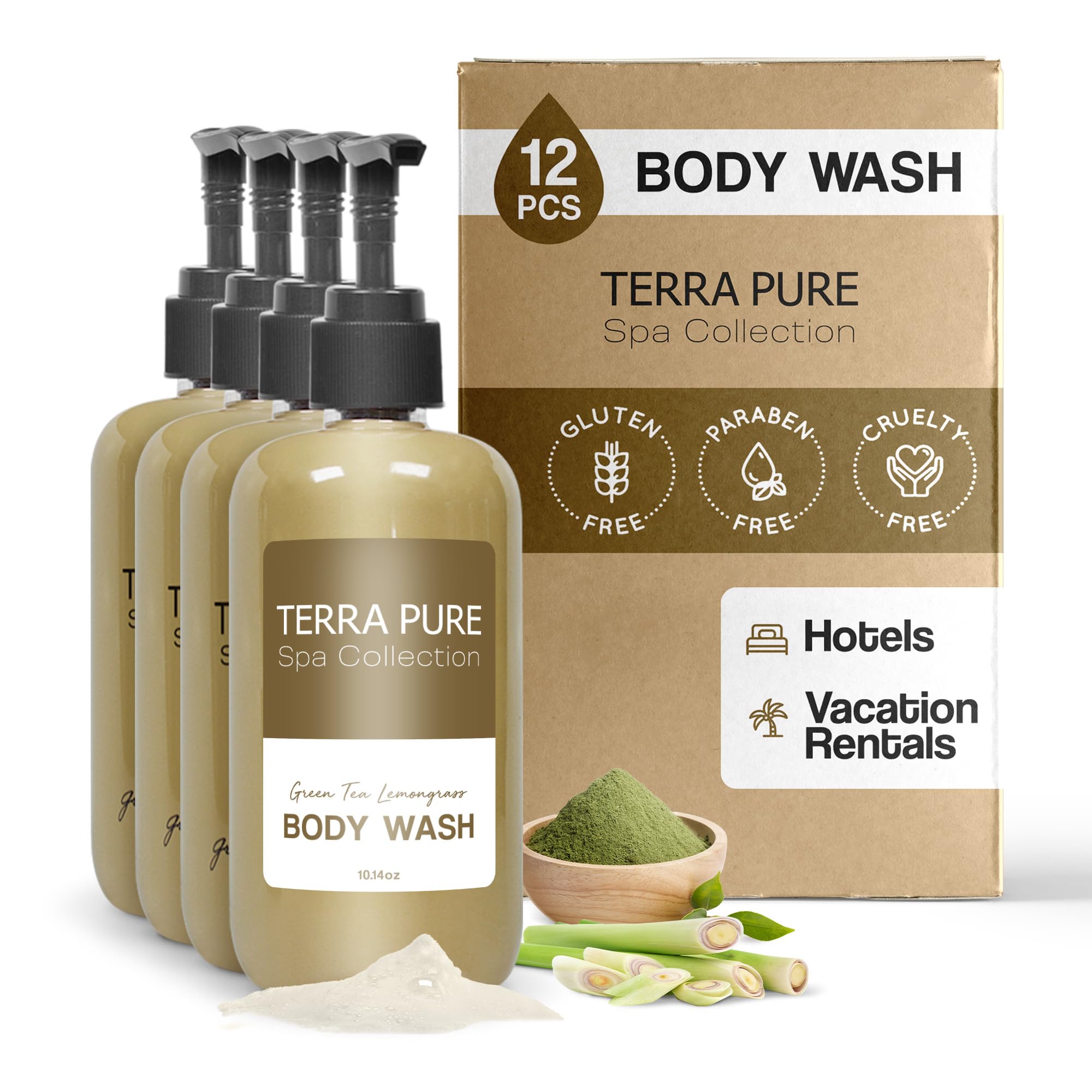 Terra Pure Spa Luxury Body Wash - 10.14oz/300ml Pump Bottle (Pack of 12) | Hotel & Resort Amenities | Moisturizing Shower Gel for Relaxation - Perfect for Home Spa, Travel & Gifting