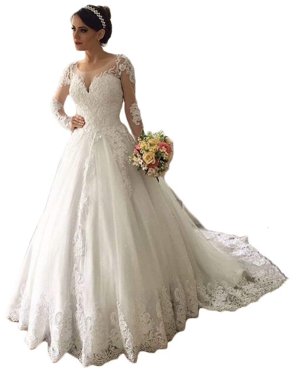 Elegant Lace Wedding Dress with Long Sleeves, Ball Gown Silhouette & Bateau Neckline - Cathedral Train Bridal Gown for Romantic Ceremonies and Formal Weddings