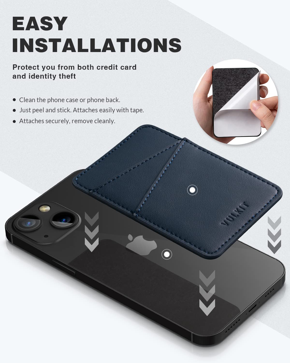 VULKIT RFID Blocking Leather Phone Wallet - Adhesive Card Holder for iPhone & Smartphones, Navy Blue | Stick-on Credit Card Sleeve for Contactless Protection (Perfect for Travel, Shopping & Daily Commute)