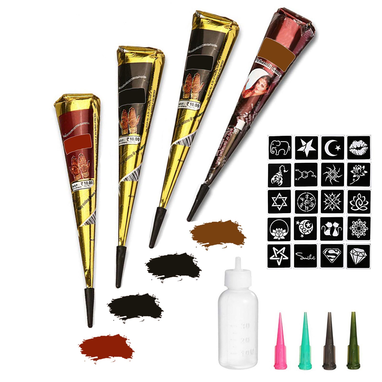Temporary Tattoos Kit - 4Pcs Semi-Permanent Tattoo Paste Cones, DIY Body Art for Women, Men & Kids | Includes 3 Colors, 20Pcs Adhesive Stencils, 1 Bottle & 4 Nozzles | Perfect for Summer Parties, Festivals & Creative Play