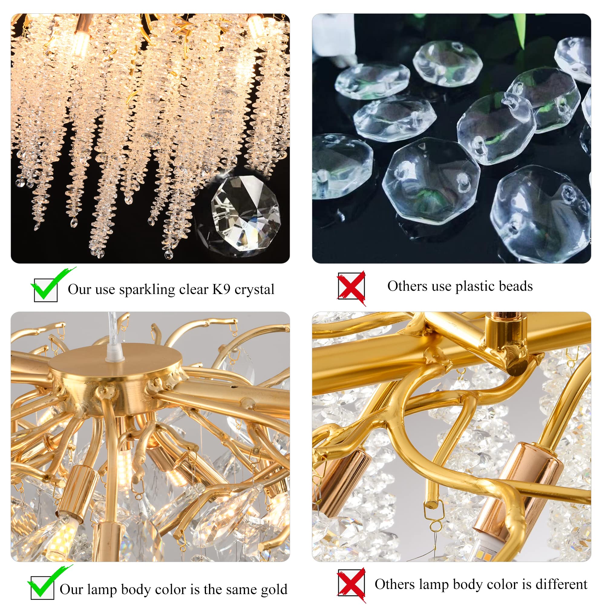 Luxury Gold Crystal Tree Branches Chandelier - 9-Light Round Raindrop Pendant Ceiling Fixture with Tassel, 23.7