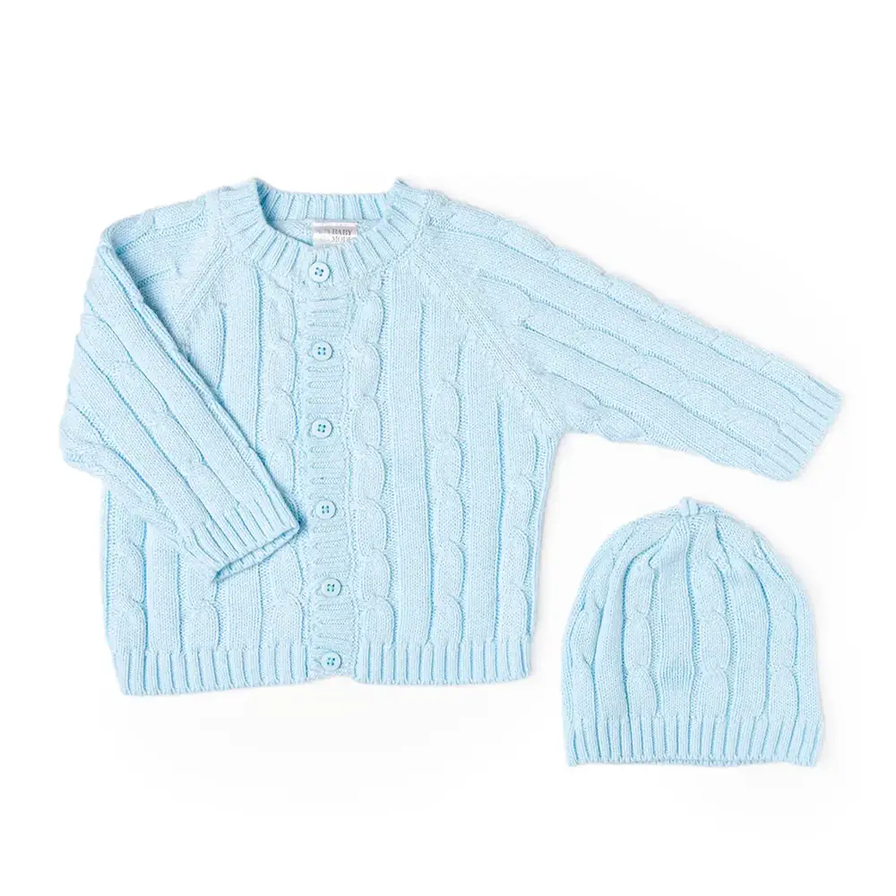 Baby Mode Cable Knit Cardigan & Hat Set - Soft Blue Knitwear for Newborns & Toddlers - Perfect for Photo Shoots, Family Outings & Cozy Winter Wear