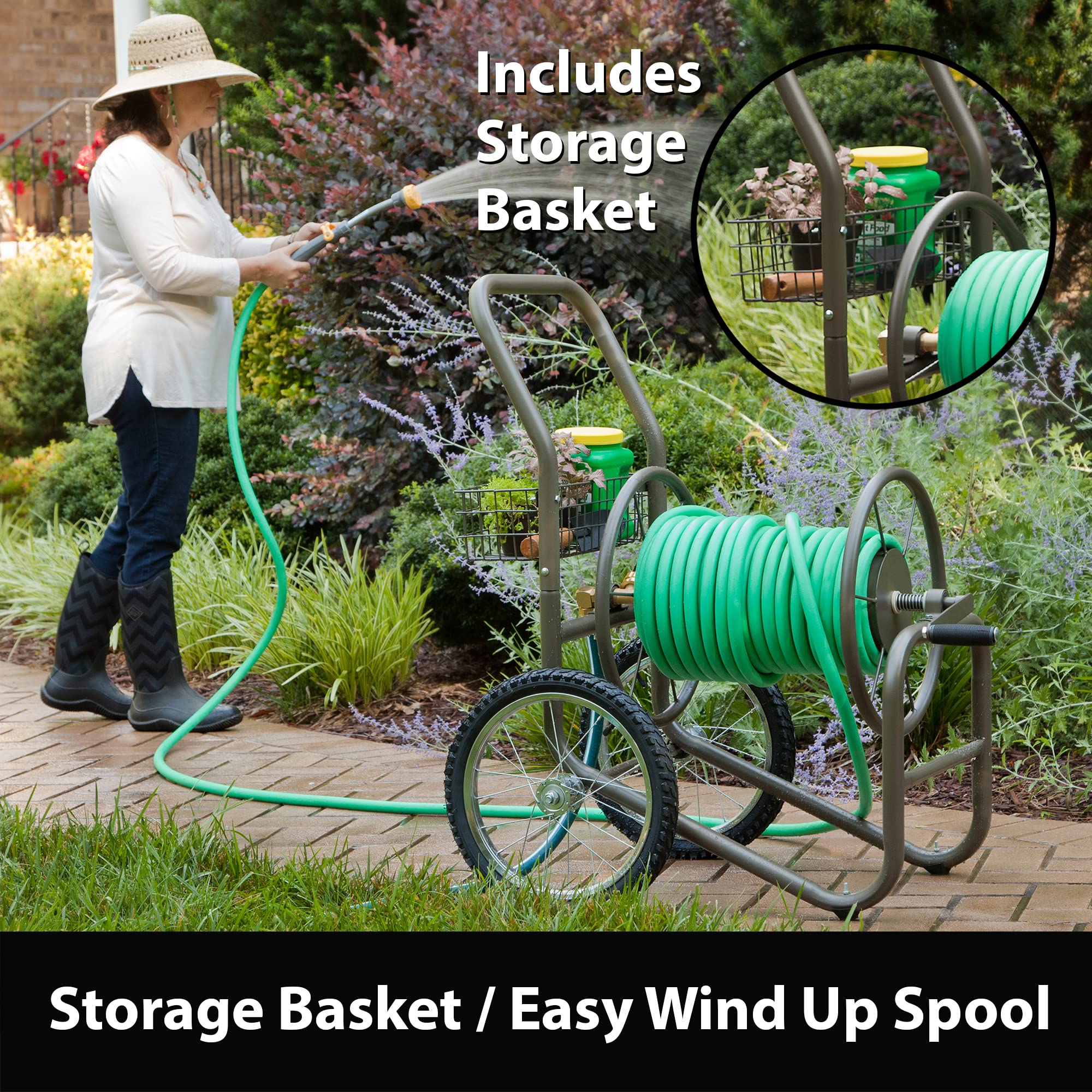 Liberty Garden 880 Industrial 2-Wheel Pneumatic Tire Garden Hose Reel Cart with 300ft Capacity - Heavy Duty Bronze Outdoor Watering System for Lawn, Yard & Garden Irrigation