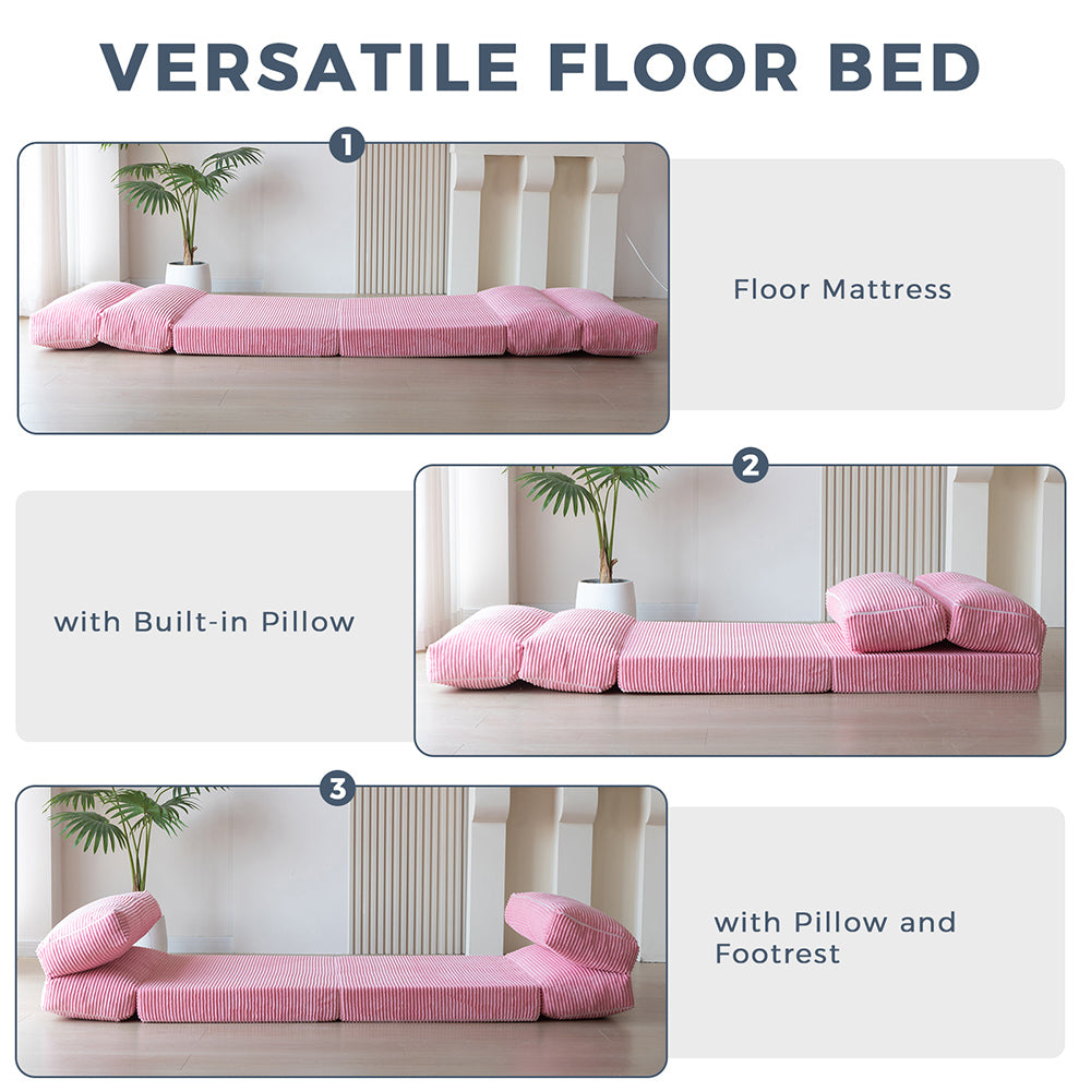 MAXYOYO Folding Sofa Bed - Extra Wide Corduroy Floor Bed in Pink | Convertible Sleeper for Small Spaces, Guest Room & Dorm | Comfortable Lounge Chair for Living Room, Bedroom & Office