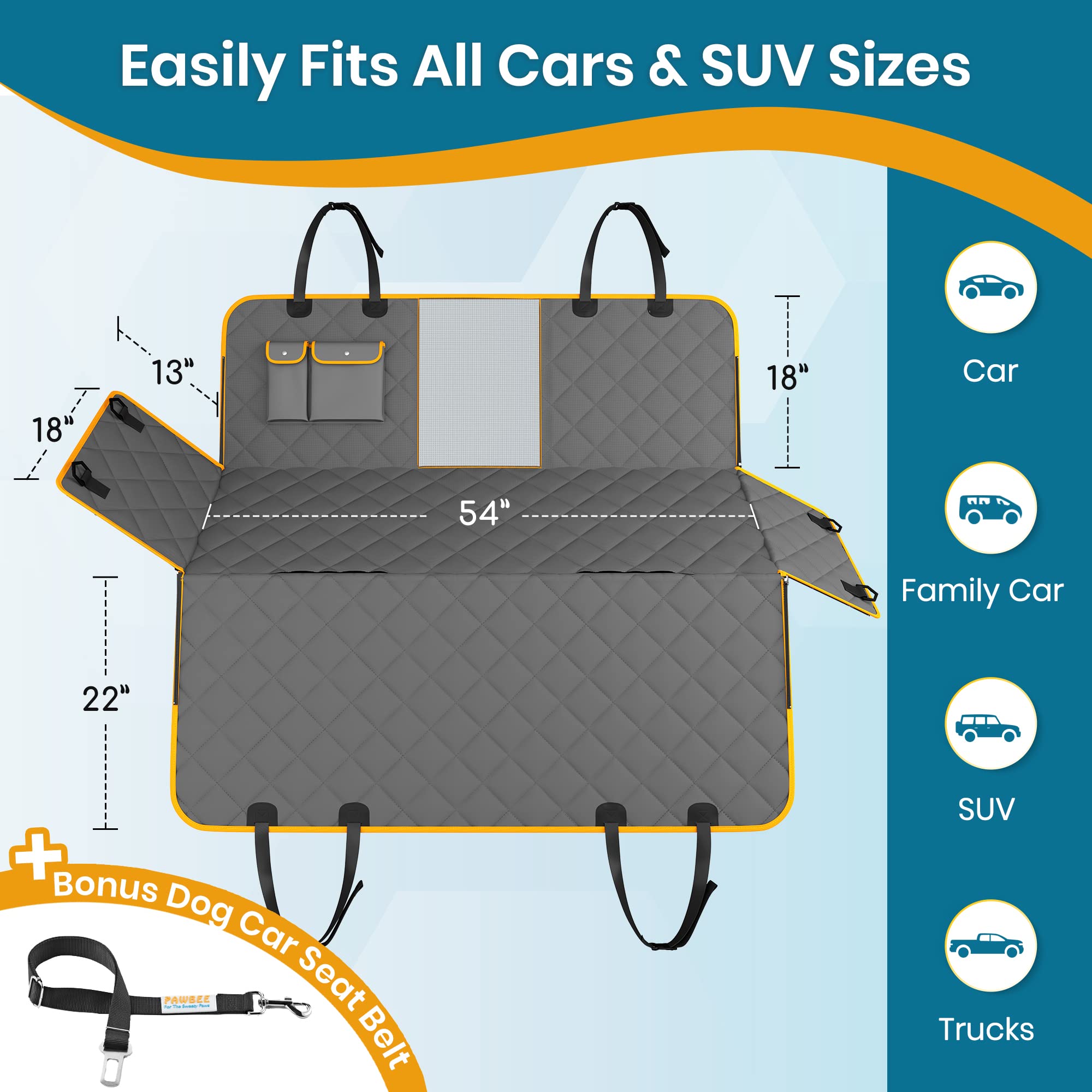 PAWBEE Waterproof Dog Car Seat Cover - Non-Slip Pet Back Seat Protector for SUV, Truck & Sedan - Includes Dog Seat Belt & Mesh Window - Perfect for Travel, Road Trips & Daily Commutes with Pets