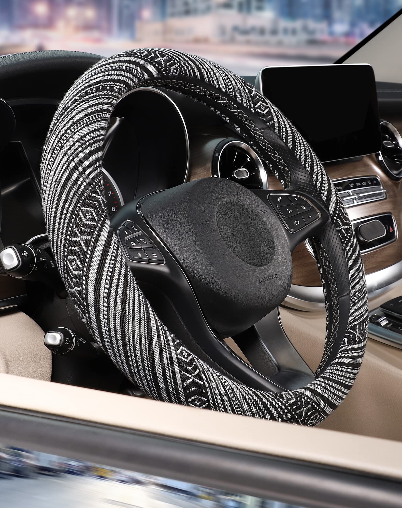 Boho Steering Wheel Cover - Ethnic Style Baja Blanket Cloth with Coarse Flax - Fits 14.5-15.25 Inch Car Wheels - Perfect for Hippie, Vintage & Boho Style Car Interiors