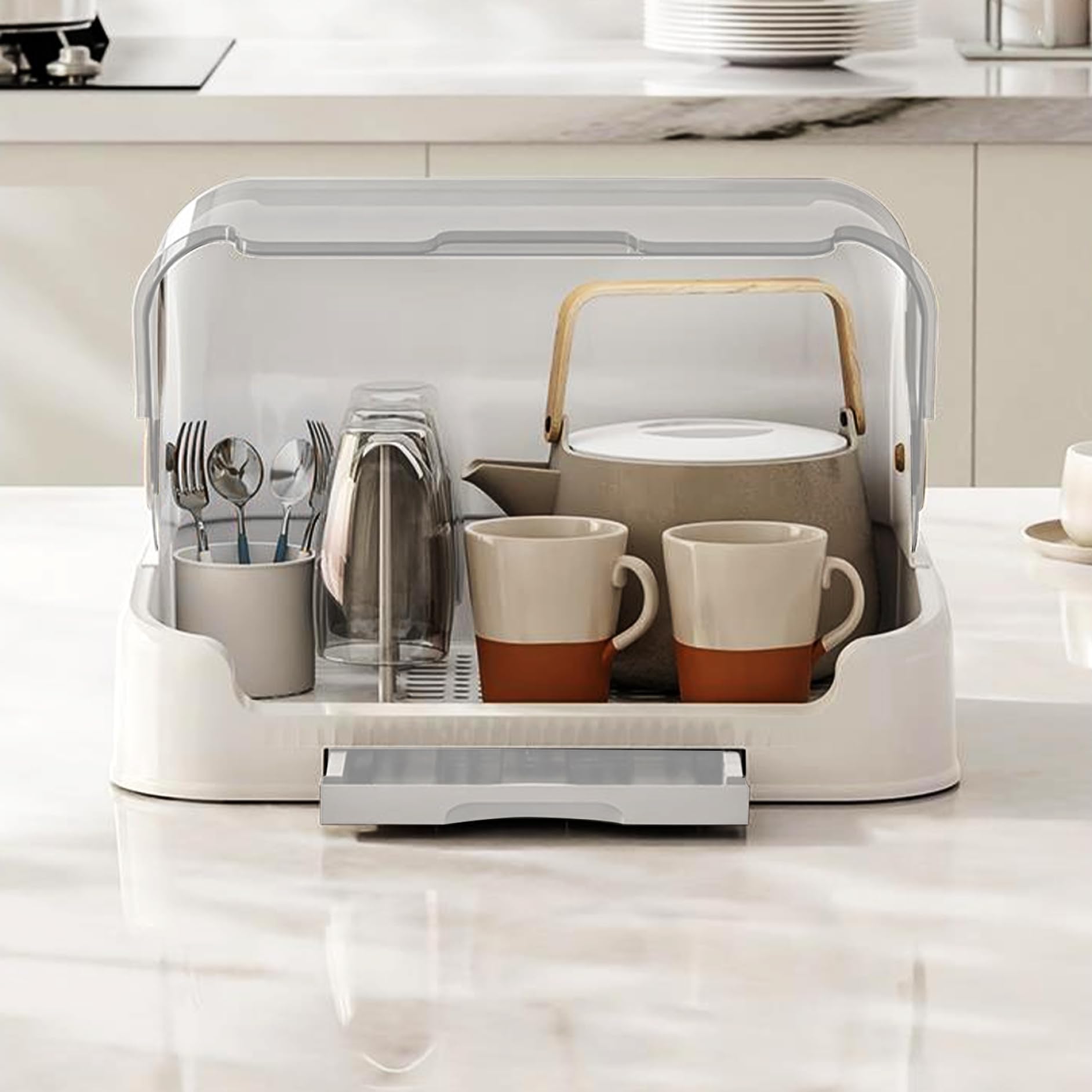 **Large Baby Bottle Organizer with Cover & Removable Drain Tray - Dustproof Portable Baby Bottle Drying Rack for Kitchen Cabinet - Perfect for Breastfeeding, Formula Storage & Baby Bottle Sterilization**