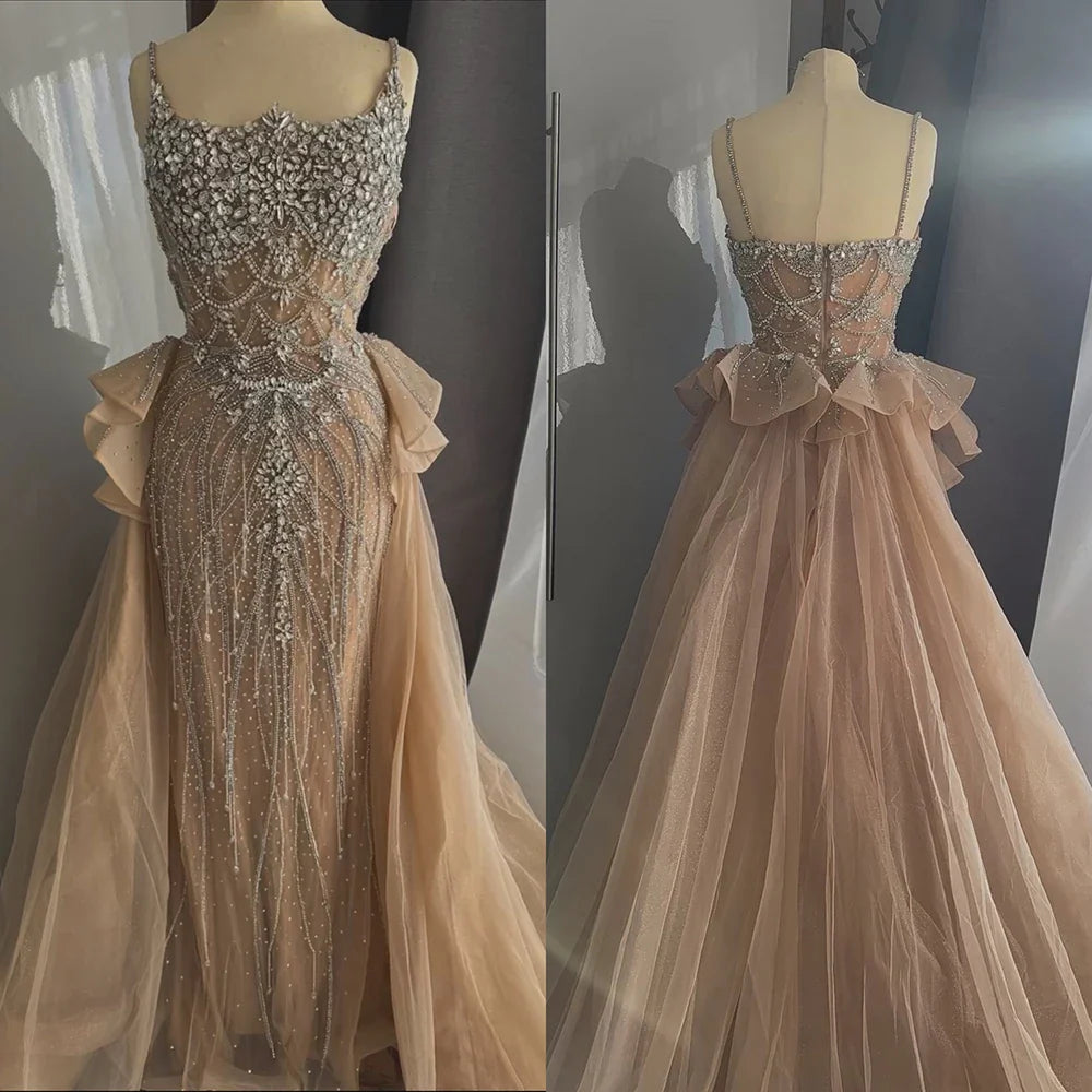 Luxury Dubai Nude Saudi Beaded Spaghetti Strap Evening Gown with Overskirt - Formal Dresses for Weddings, Prom & Special Occasions
