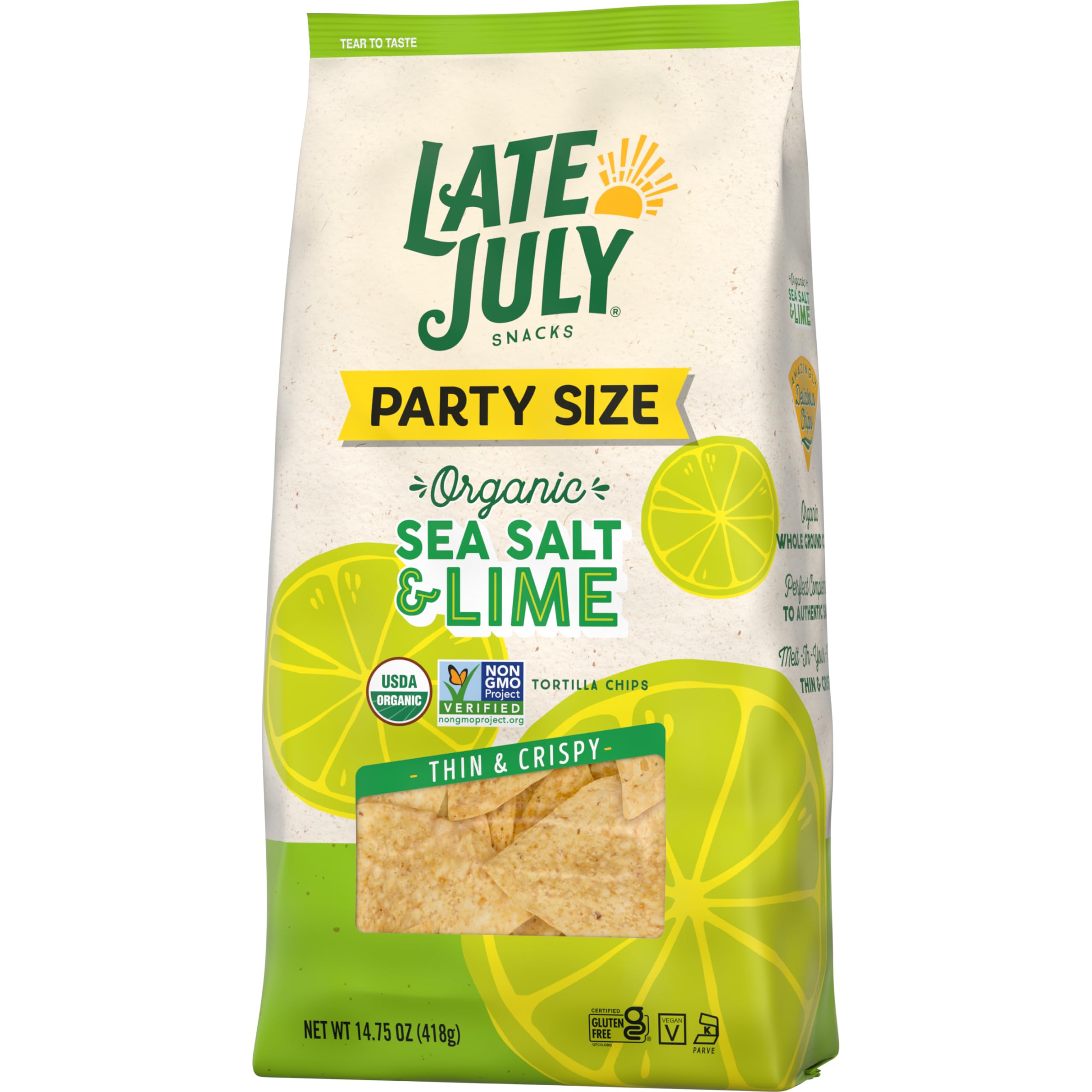 Organic Thin & Crispy Tortilla Chips - Sea Salt & Lime Flavor | Late July Snacks | 14.75 oz Party Size Bag | Perfect for Parties, Movie Nights & Healthy Snacking
