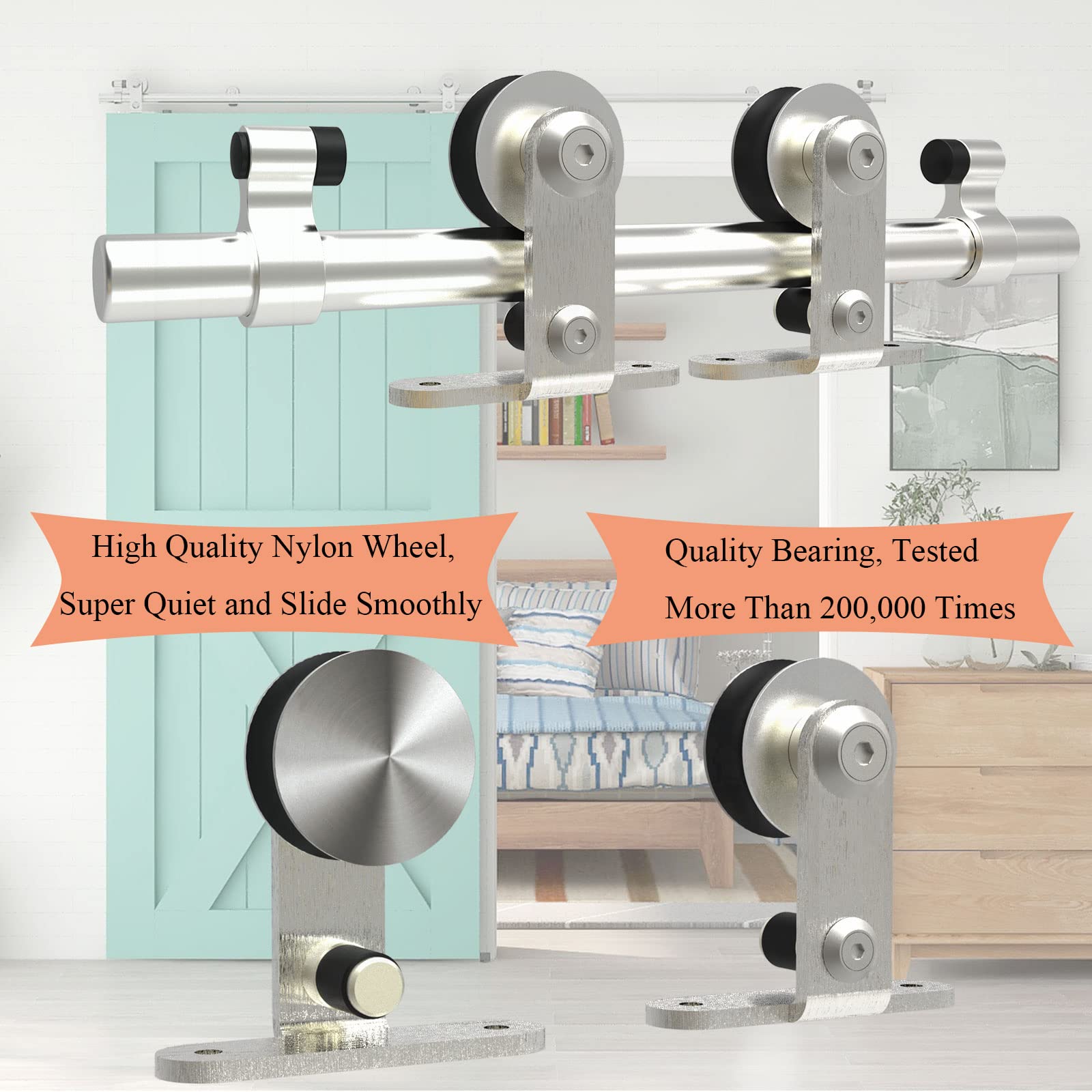 TSMST 5FT Heavy Duty Stainless Steel Sliding Barn Door Hardware Kit - Top Mount T-Style Track for Double Wood Doors | Smooth & Quiet Operation | Perfect for Bedrooms, Closets, and Farmhouse Style Homes