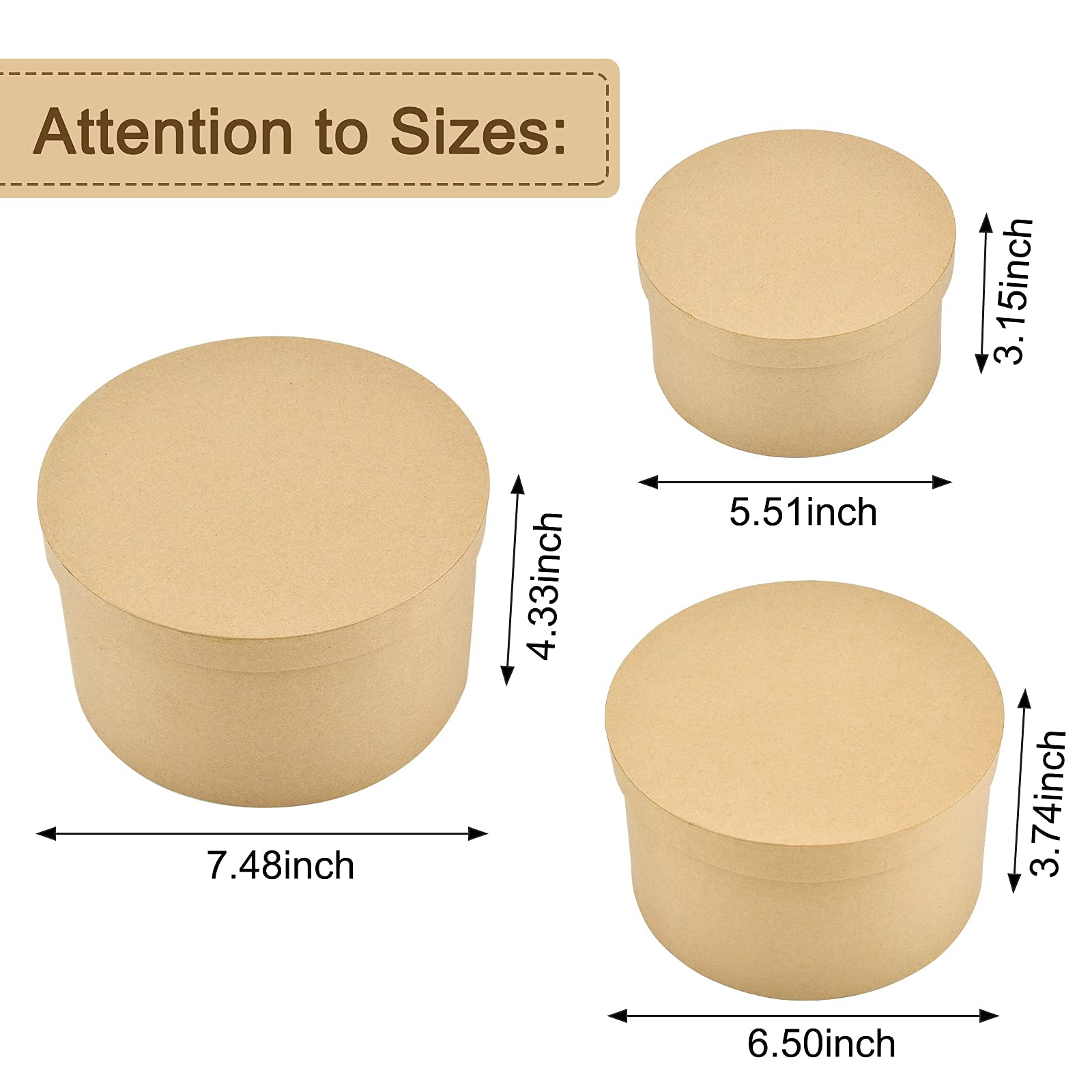WANDIC Set of 3 Small & 3 Large Round Kraft Paper Mache Boxes with Lids - Storage Organizer for Jewelry, Cosmetics, Accessories & Gifts | Perfect for Home Decor, Wedding Favors & DIY Craft Projects