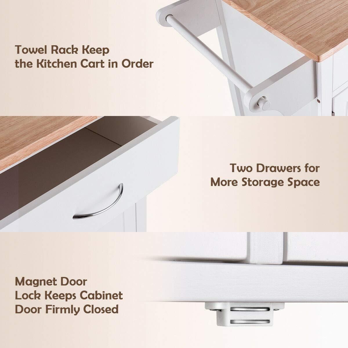Modern White Kitchen Island Cart with Double Drawers, 2-Tier Shelf & Cabinet Door - Pine Wood Top Rolling Serving Cart for Food Prep, Storage & Towel Organization - Perfect for Small Kitchens, Dining Rooms & Buffet Serving